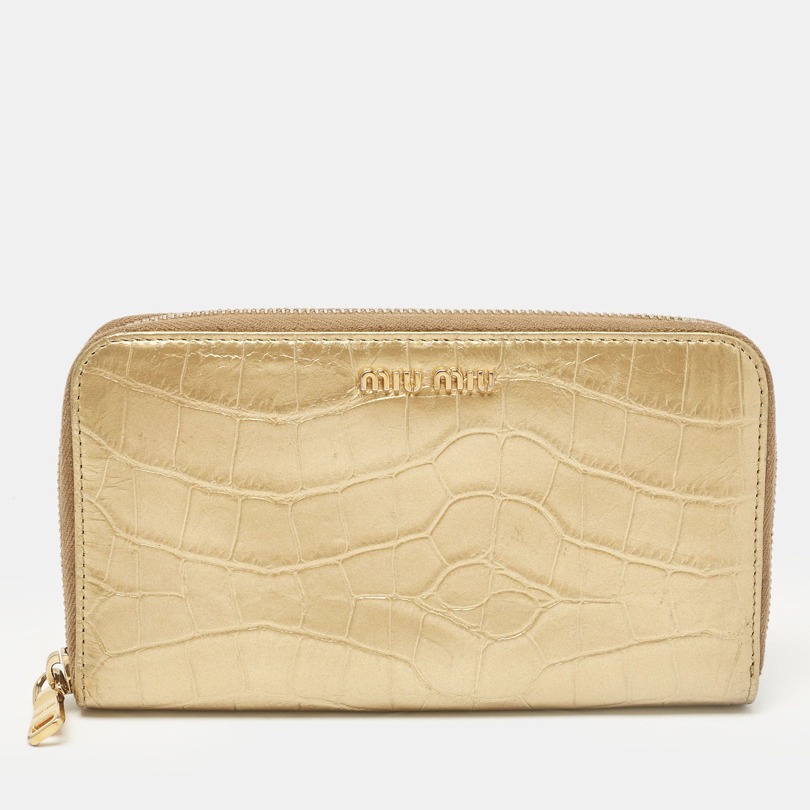 Miu Miu Gold Croc Embossed Leather Zip Continental Wallet