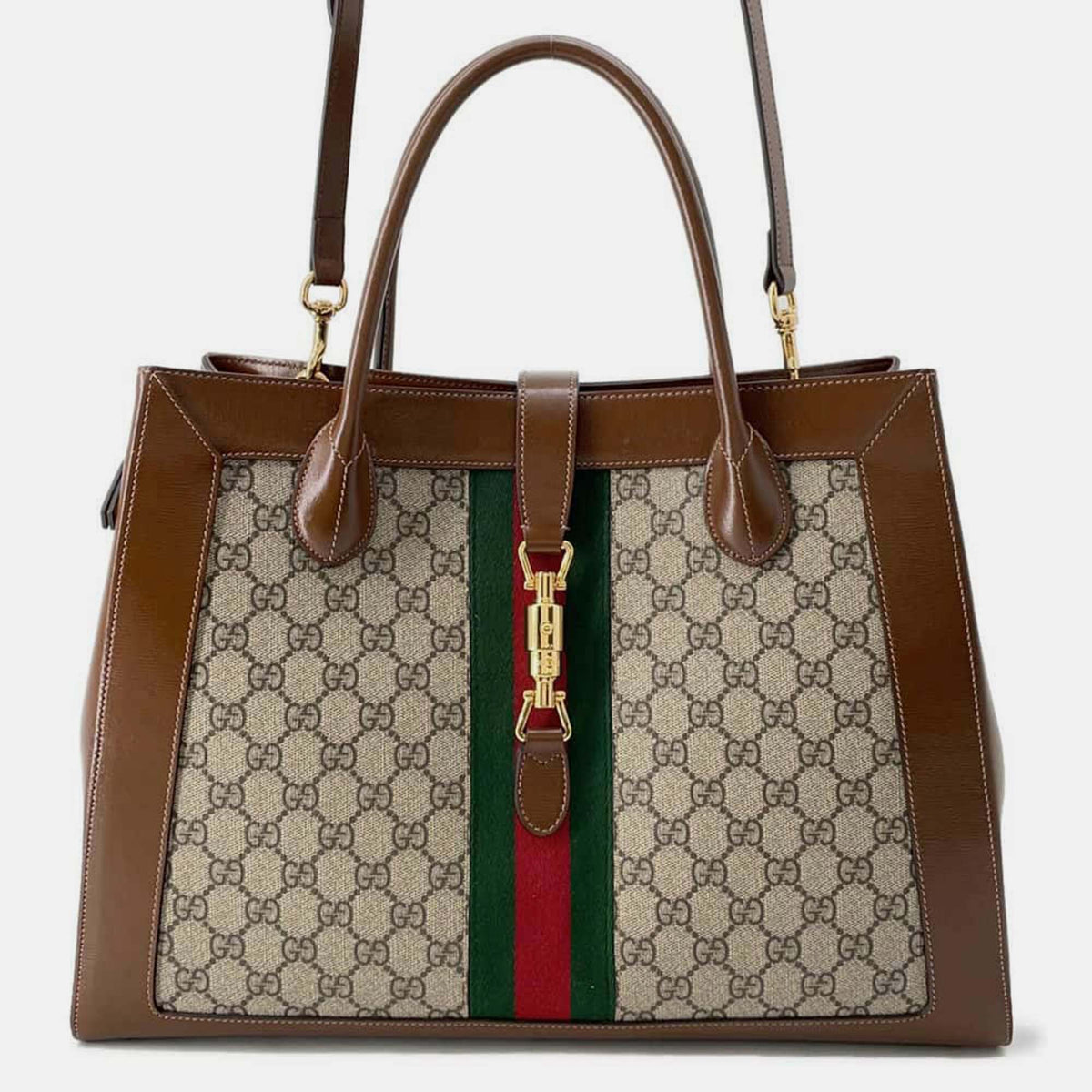 Gucci Brown/Beige GG Supreme Canvas and Leather Medium Web Jackie 1961 Tote Bag