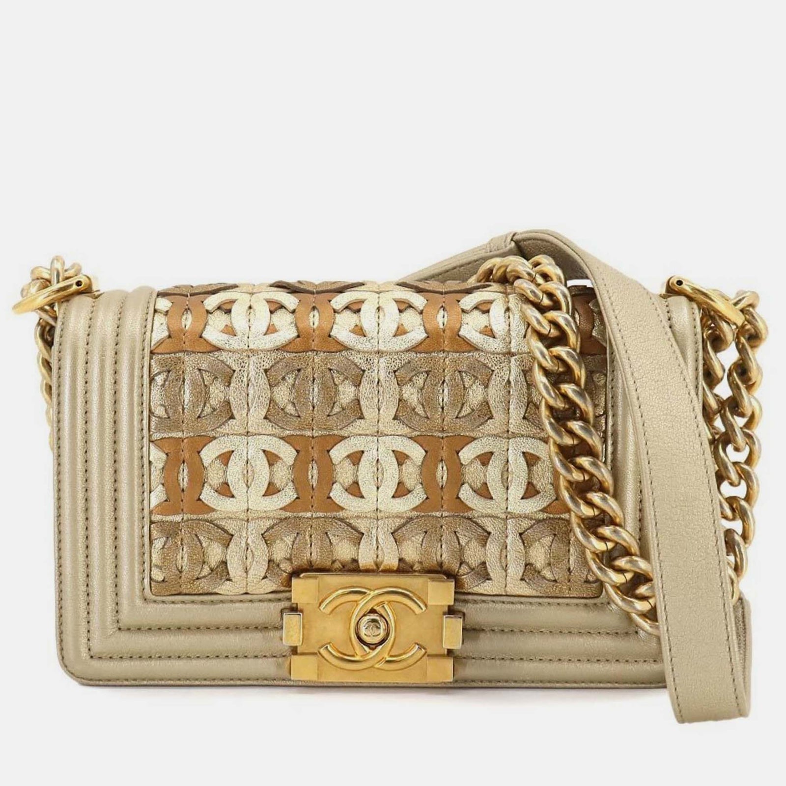 Chanel Schultertasche Boy aus Leder in Metallic-Gold mit Kette