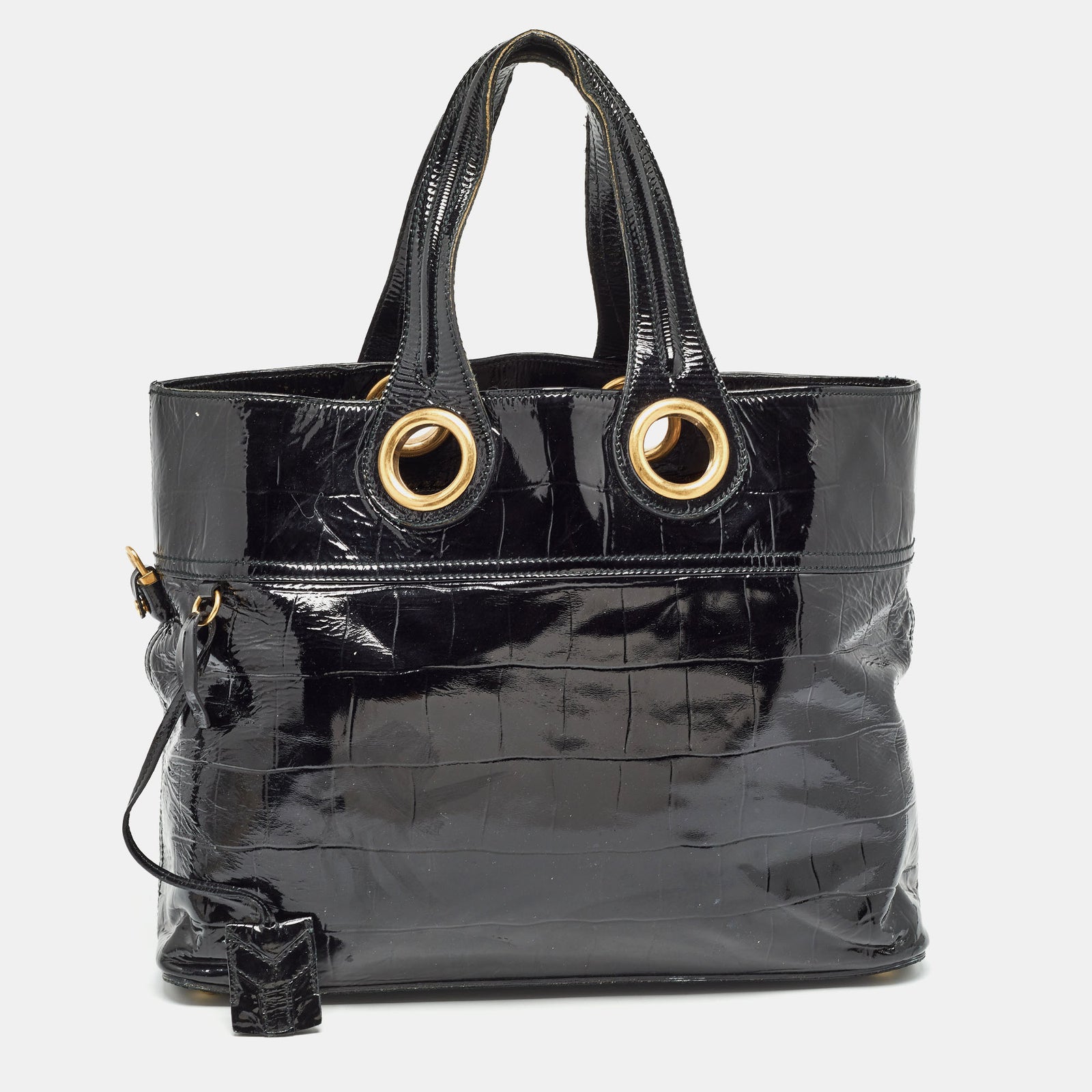 Yves Saint Laurent Black Croc Embossed Patent Leather Sac Palma Tote