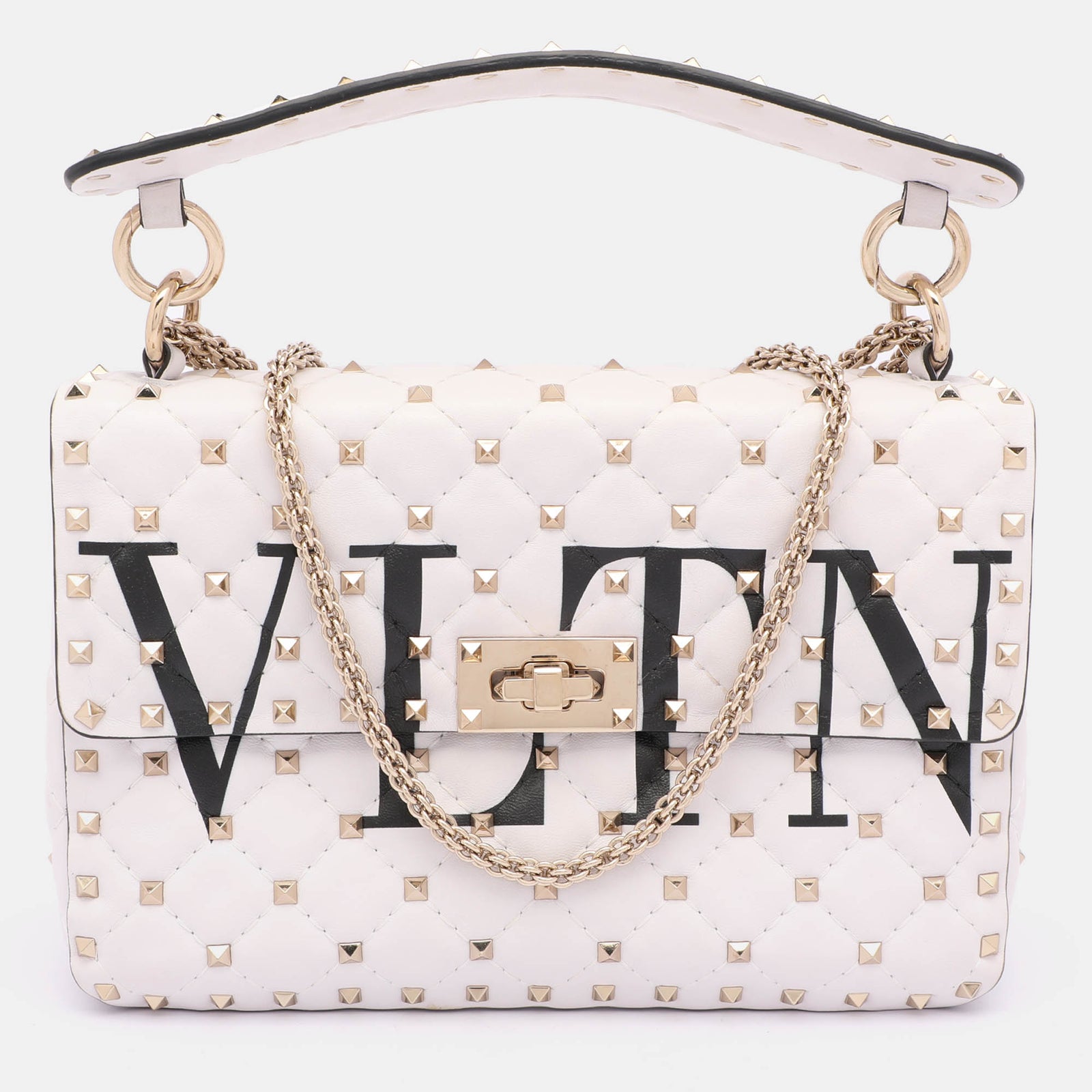 Valentino White Leather Medium Rockstud Spike VLTN Shoulder Bag