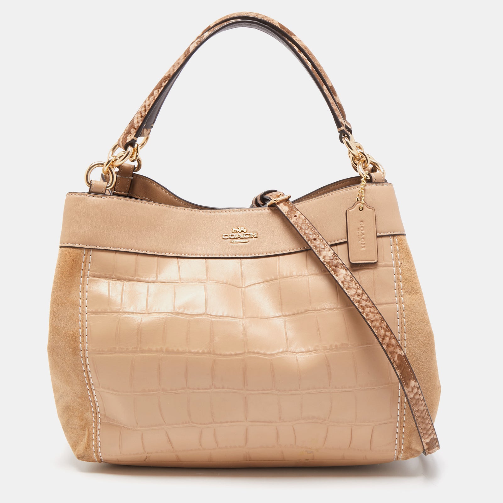 Coach Beige Suede, Croc and Python Embossed Leather Small Lexy Shoulder Bag