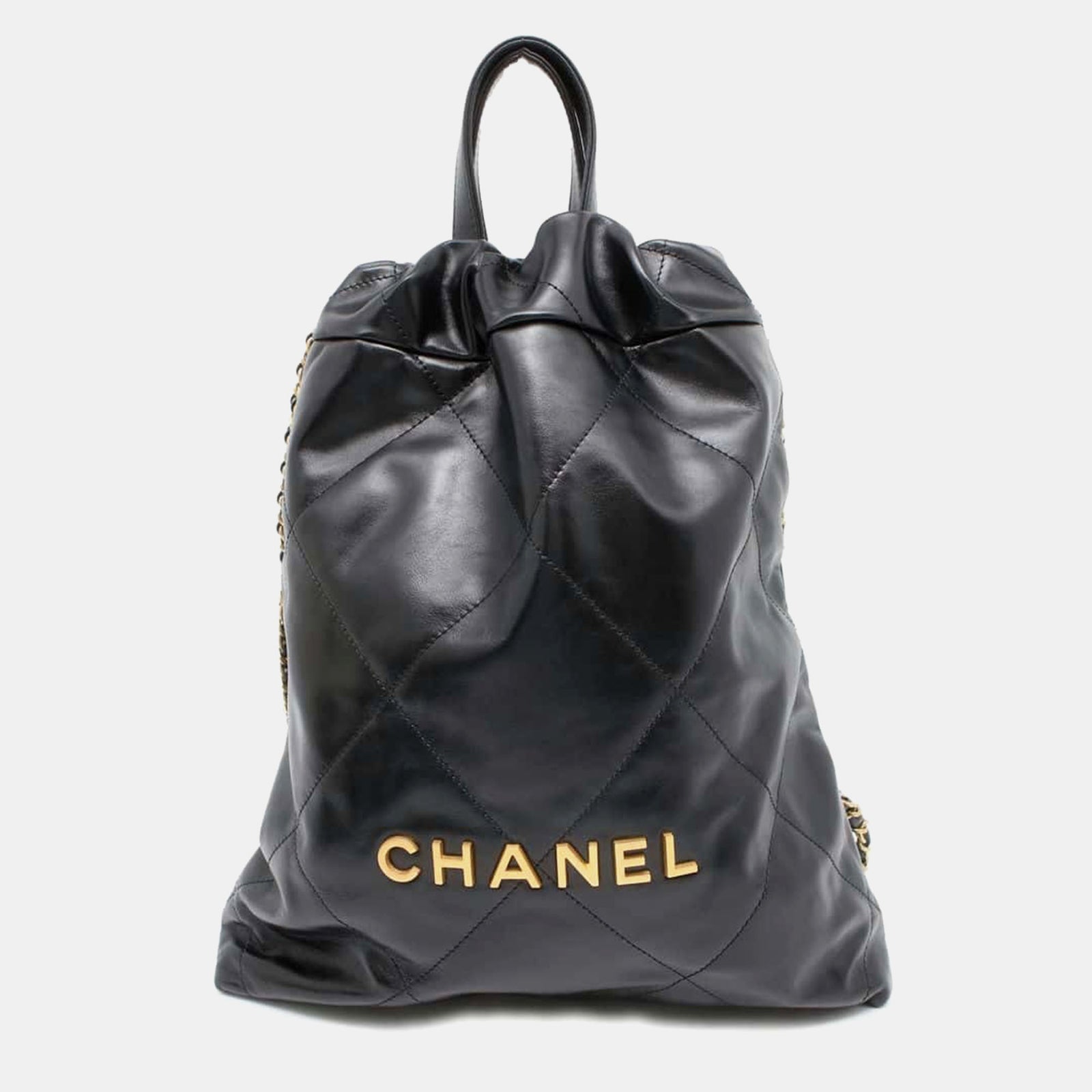 Chanel Schwarzer Rucksack 22 aus glänzendem Kalbsleder