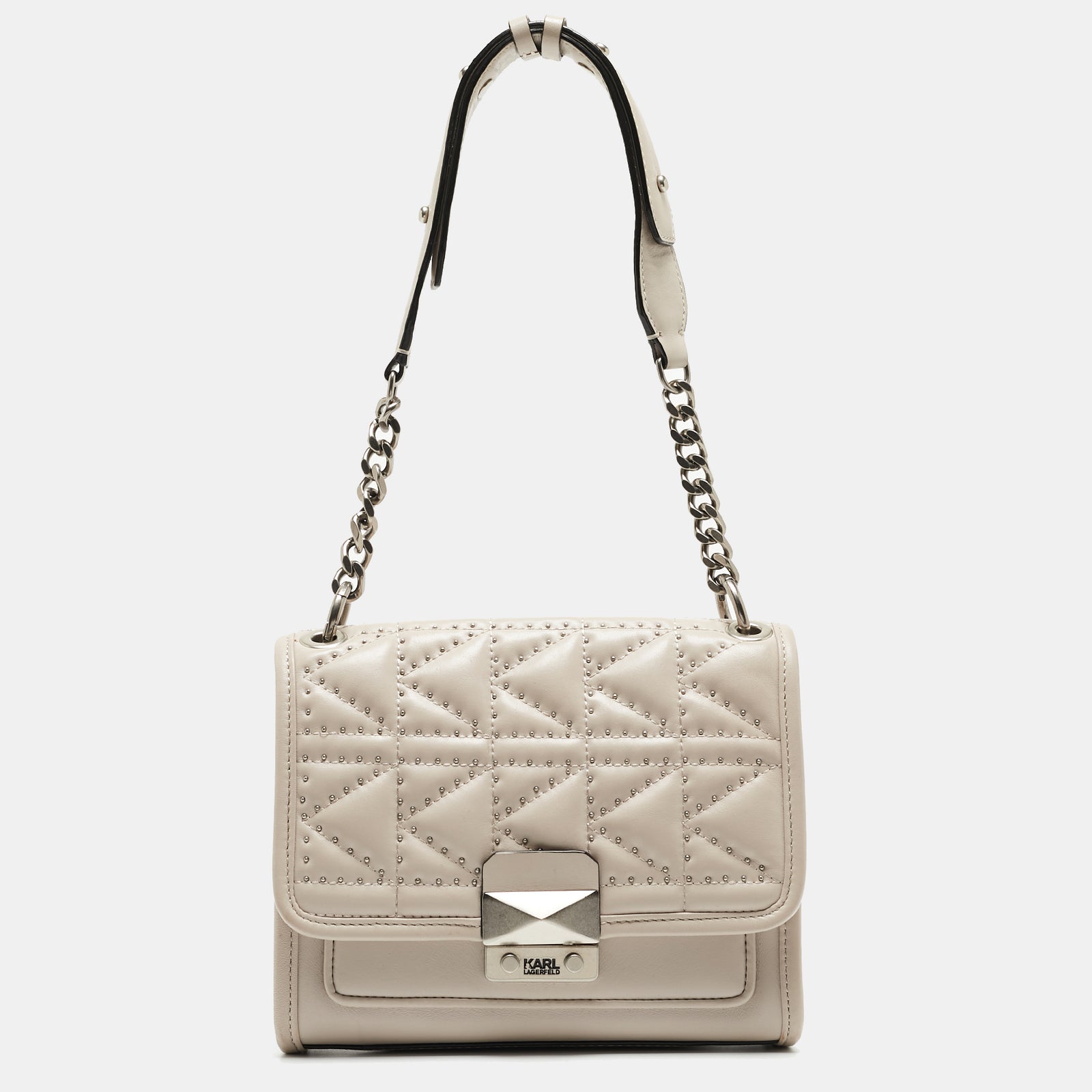 Karl Lagerfeld Beige Quilted Studded Leather Shoulder Bag