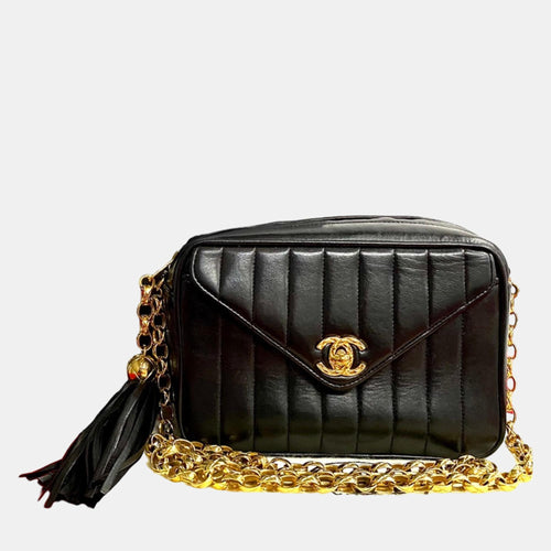 Black Leather Chevron Tassel Camera Shoulder Bag