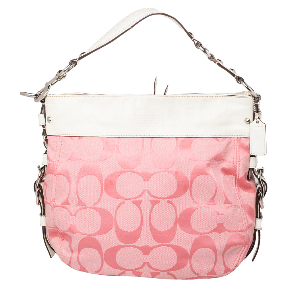 Coach Pink/White Signature Canvas and Leather Hobo