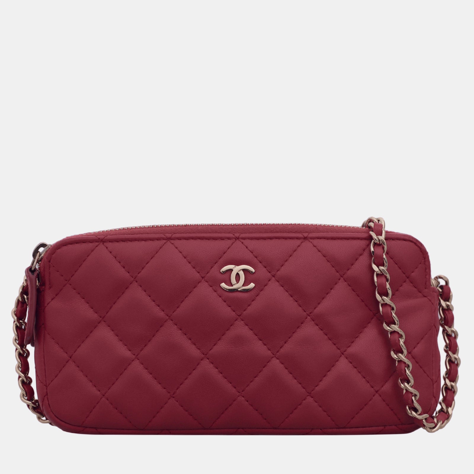 Chanel Rote CC-Clutch aus Leder mit Doppelreißverschluss und Kette