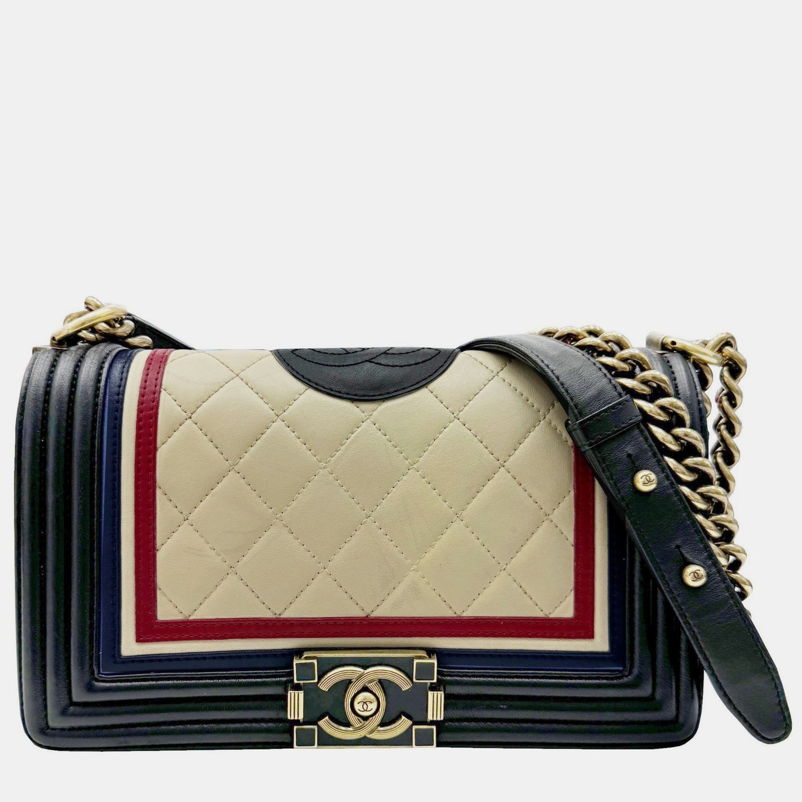 Chanel Schwarz Elfenbein Rot Blau Mehrfarbig Junge Ramsun Coco Mark Kette Tasche