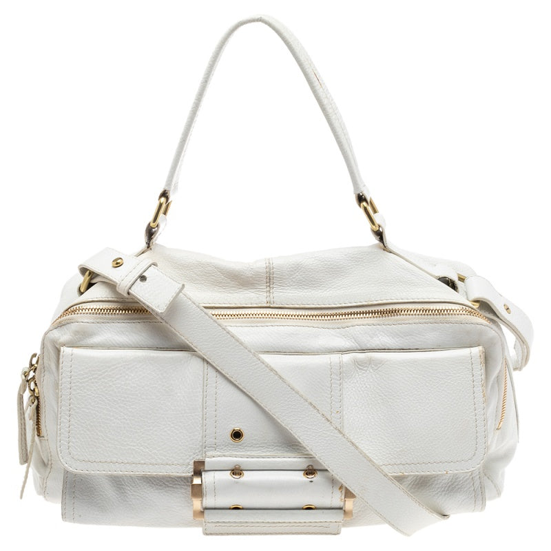 White Leather East West Buckle Top Handle Bag