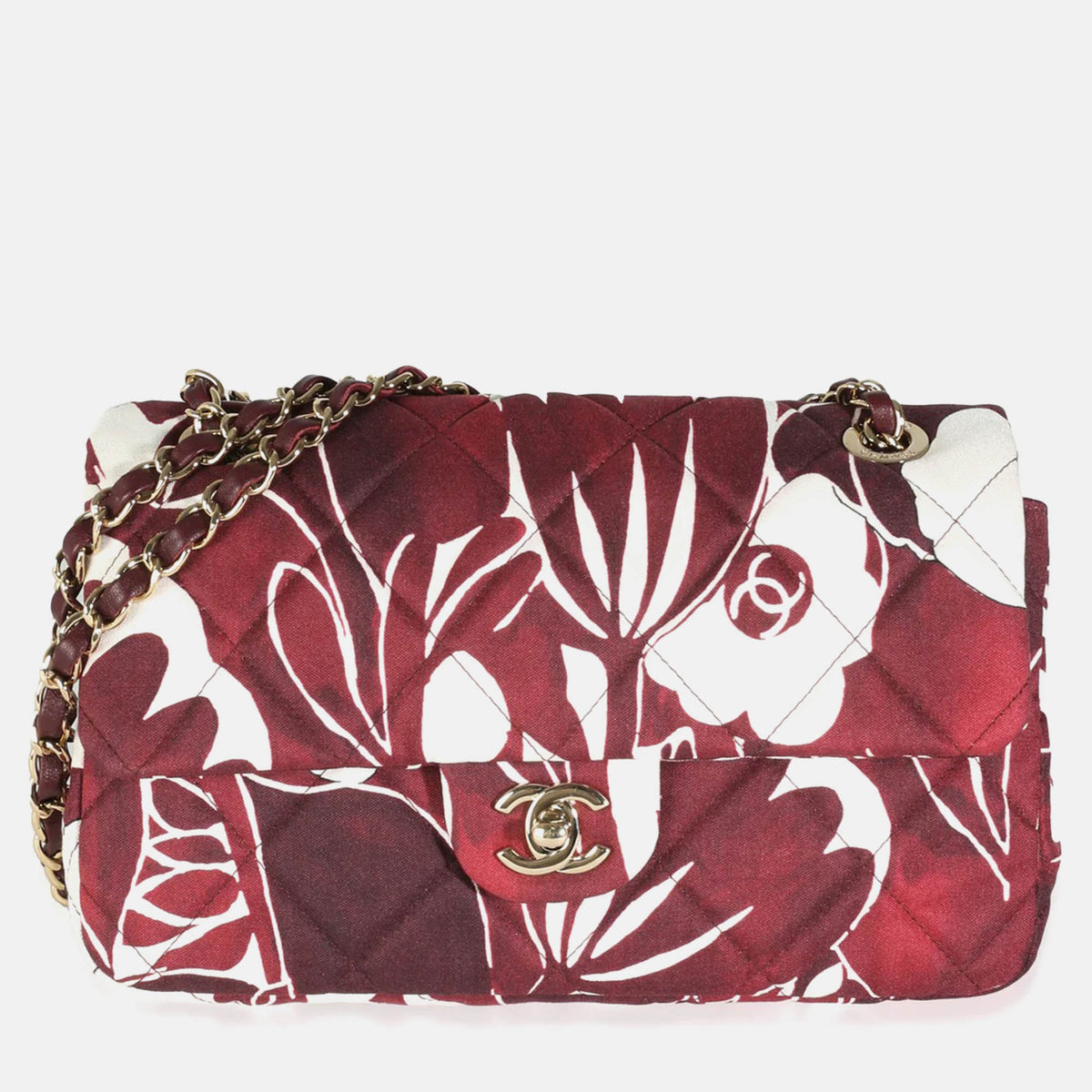 Chanel Burgundy/White Floral Printed Silk CC Medium Single Flap Bag