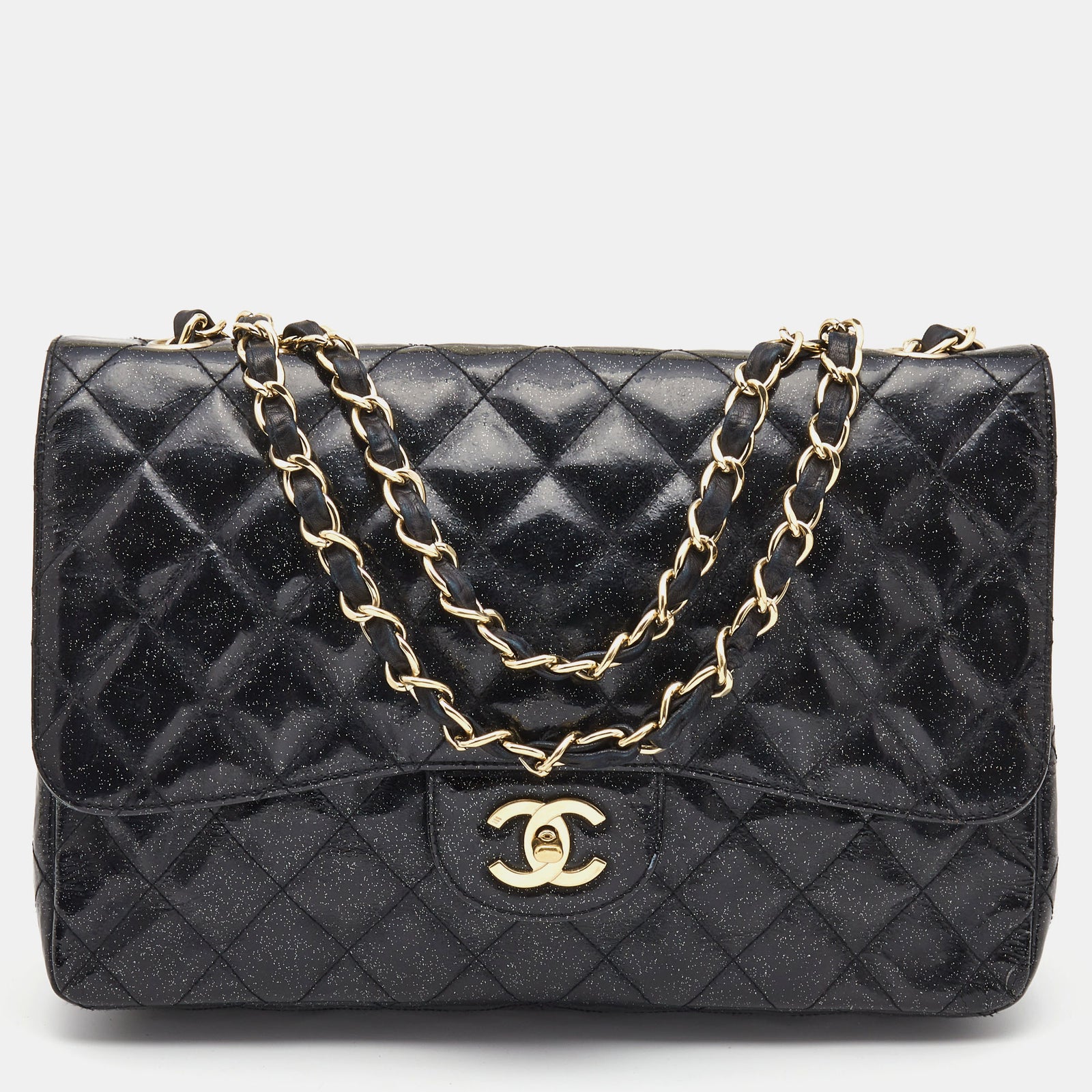 Chanel Black Quilted Glitter Patent Leather Jumbo Classic Single Flap Bag