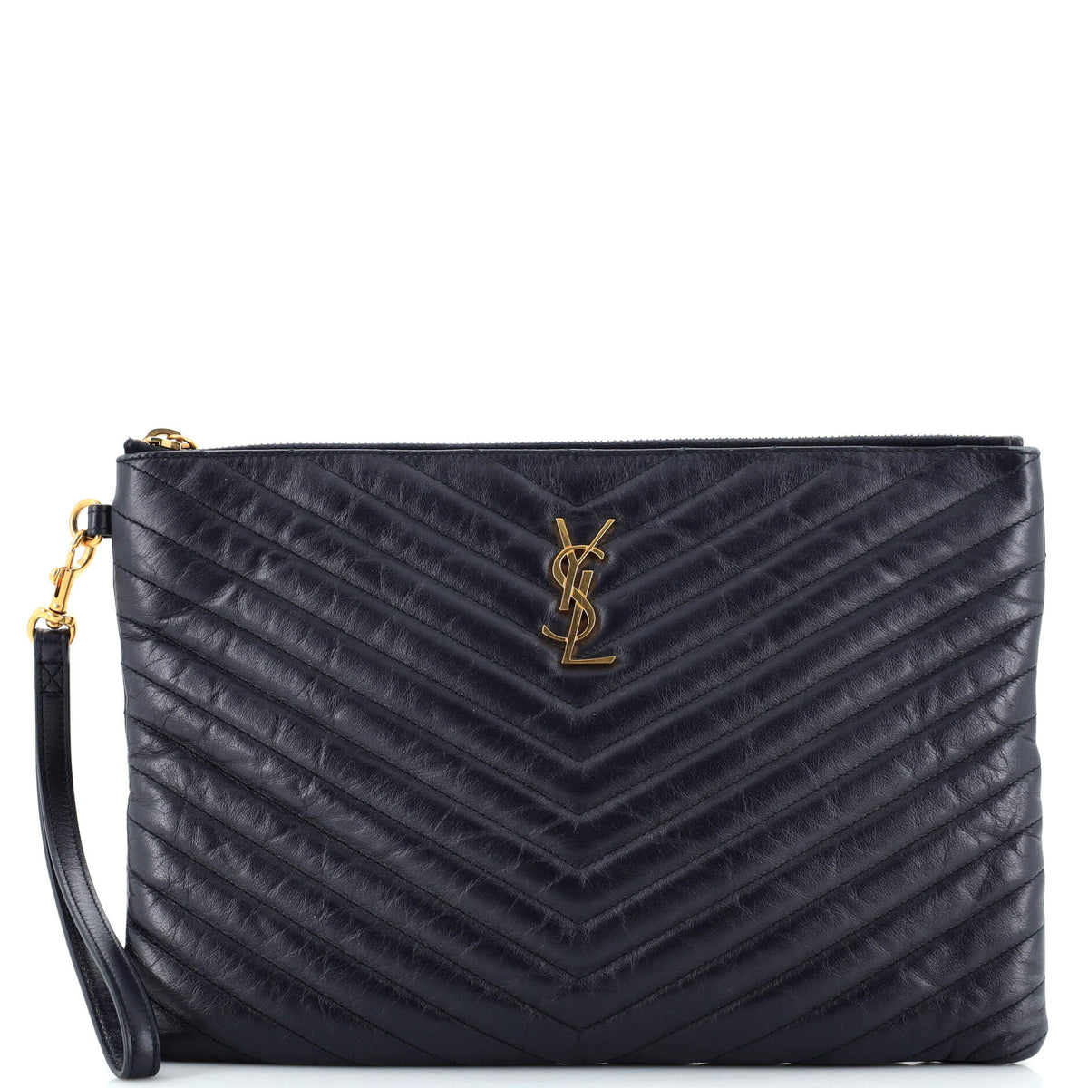 Saint Laurent Classic Monogram Wristlet Pouch Matelasse Chevron Leather Medium