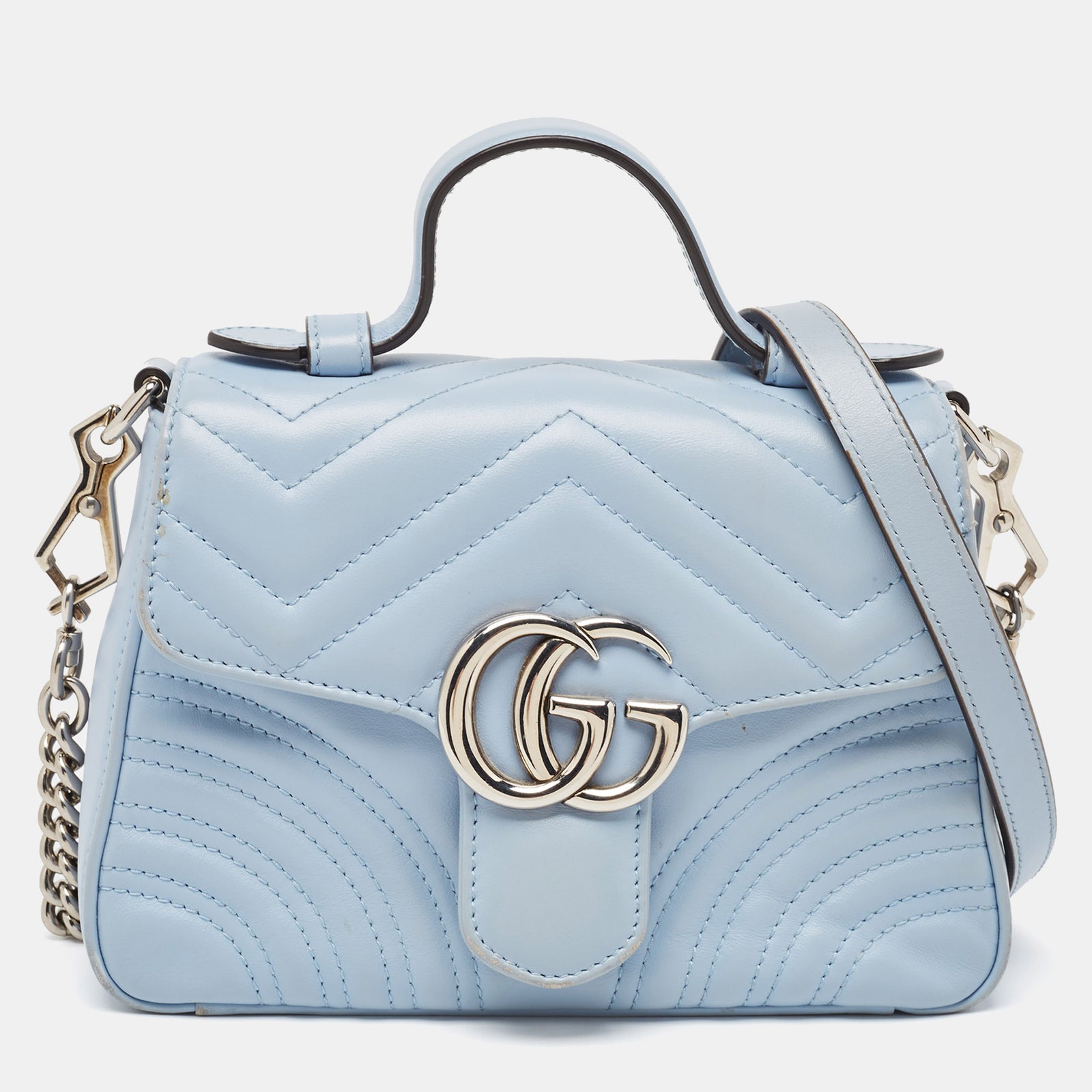 Gucci Mini-GG-Marmont-Tasche mit Henkel aus Matelassé-Leder in Blau