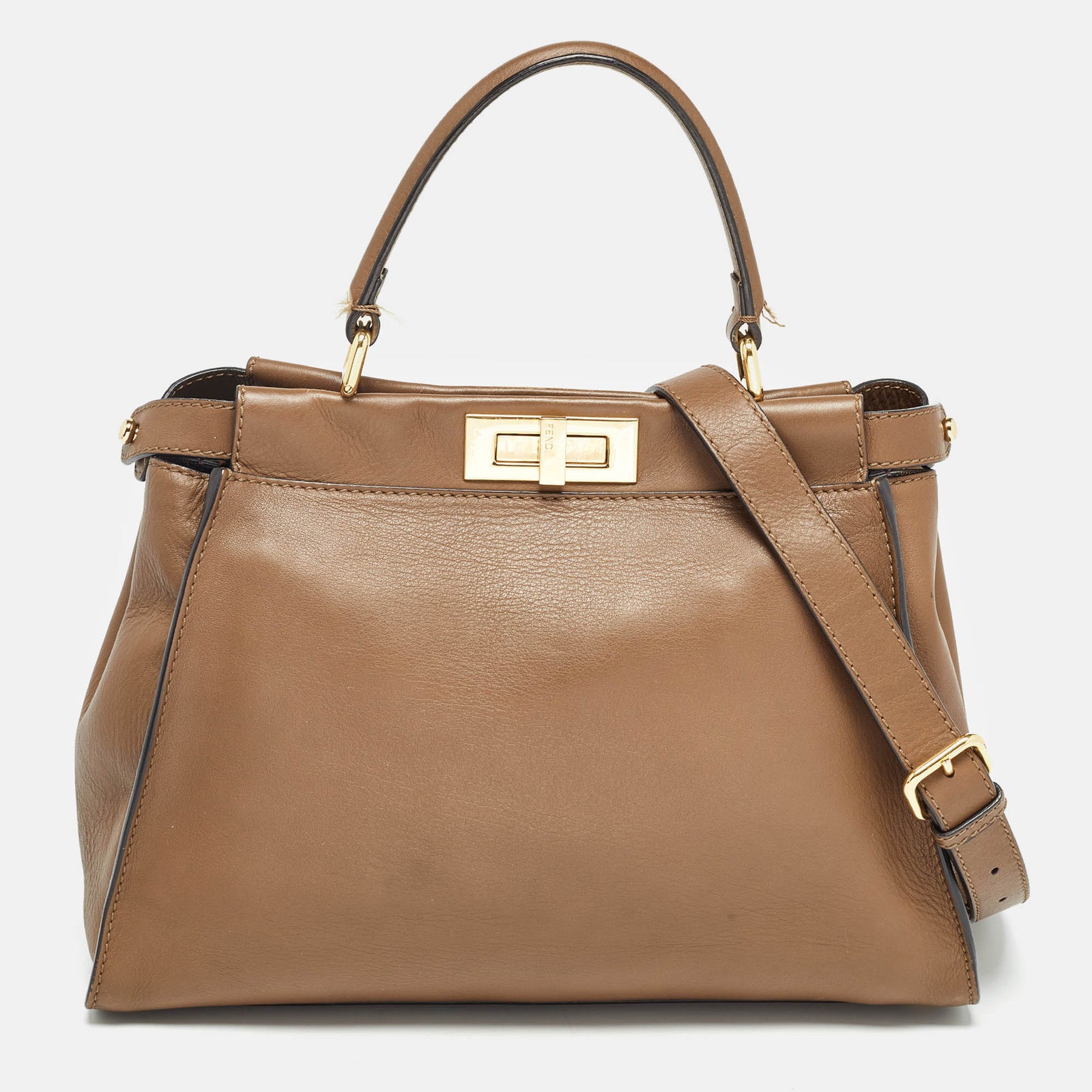 Fendi Brown Leather Medium Peekaboo Top Handle Bag