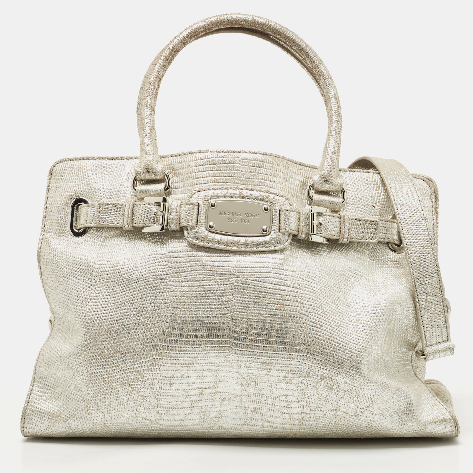 Michael Kors Silver Lizard Embossed Leather East West Hamilton Tote