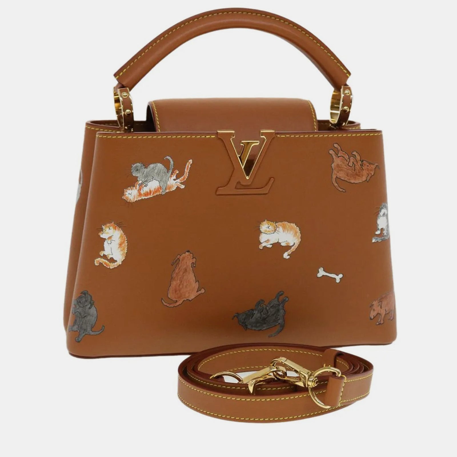 Louis Vuitton x Grace Coddington „Capucines BB“-Tasche aus braunem Leder mit Henkel