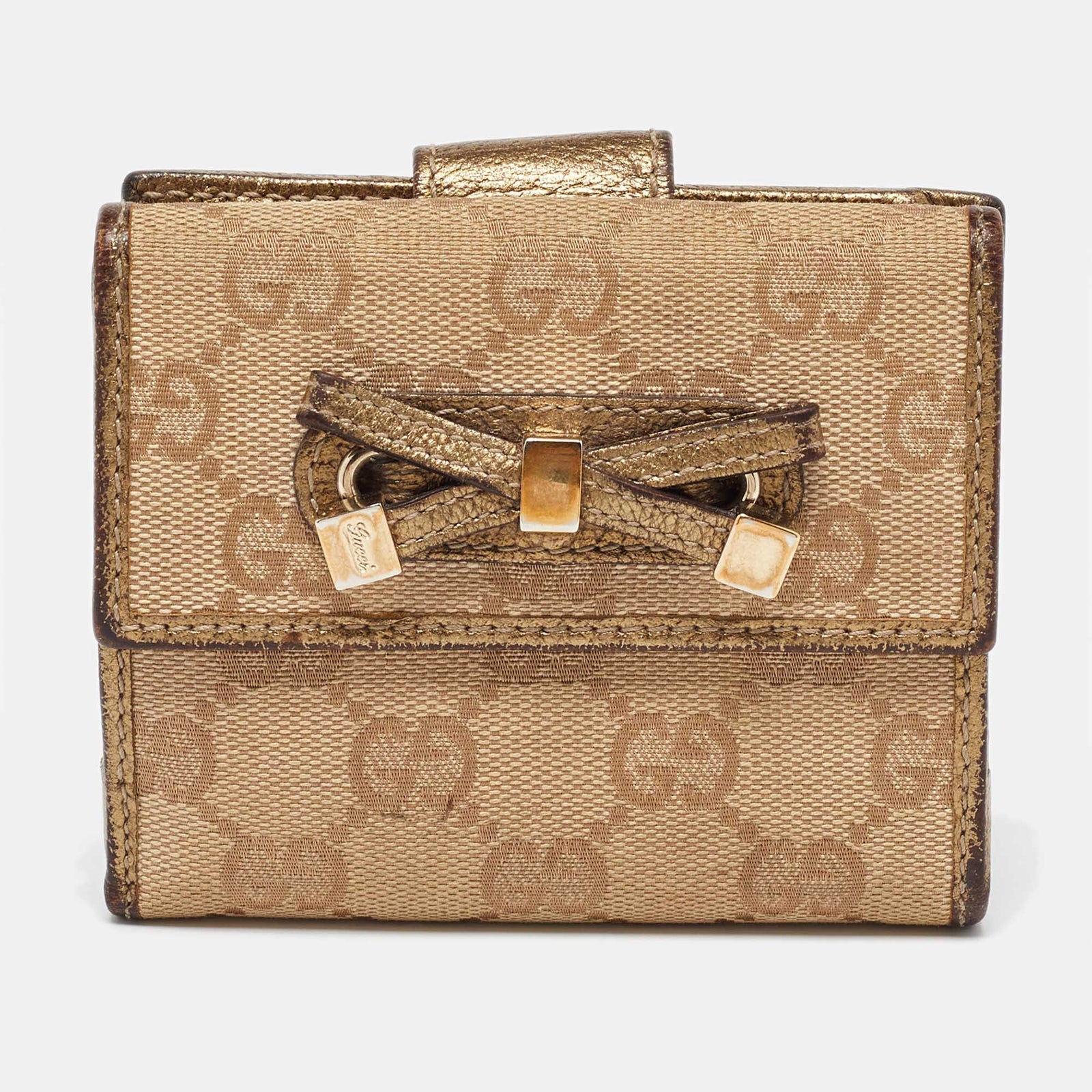 Gucci Kompaktes Portemonnaie aus GG Canvas und Leder in Beige/Gold