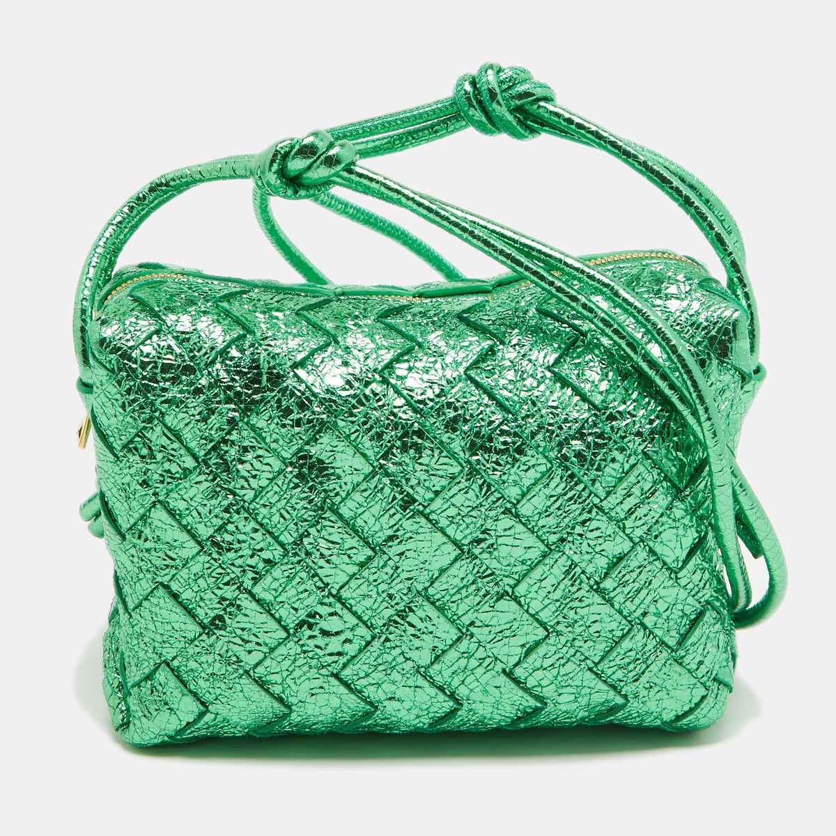 Bottega Veneta Metallic Green Intrecciato Leather Mini Loop Camera Bag