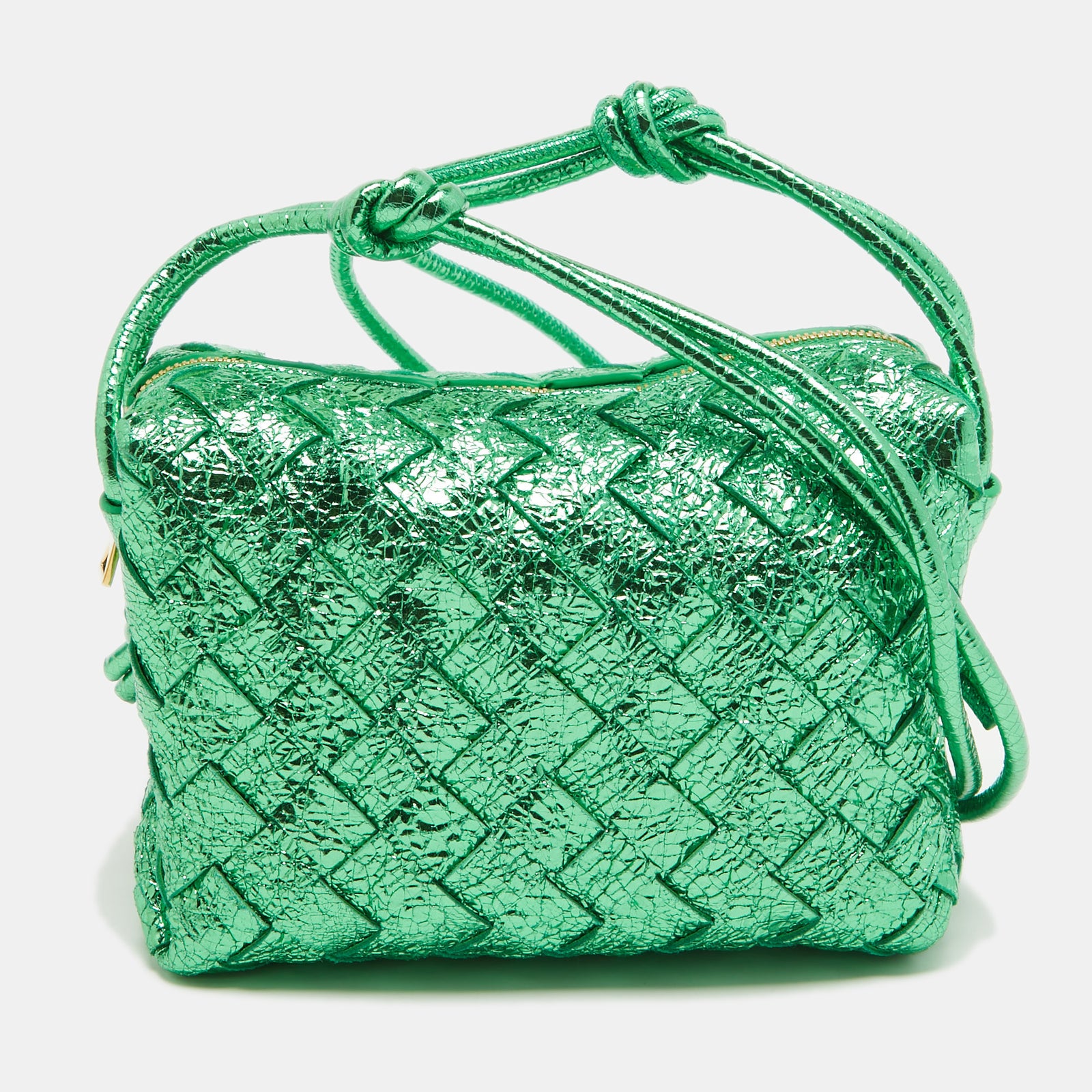 Bottega Veneta Metallic Green Intrecciato Leather Mini Loop Camera Bag