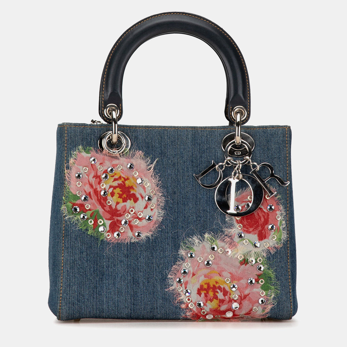 Dior Blue Denim Floral Embellished Medium Lady Tote Bag