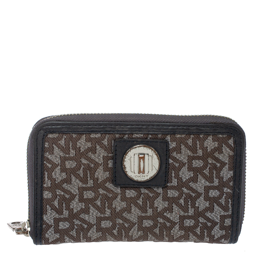 DKNY Brown/Black Monogram Canvas and Leather Zip Around Wallet