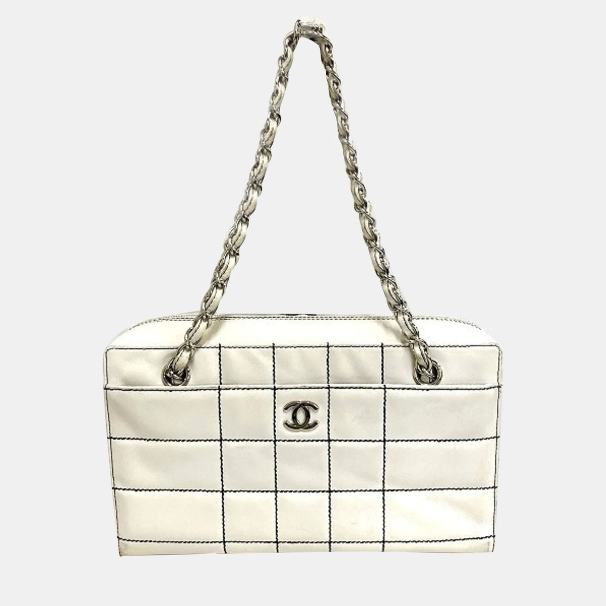 Chanel White Quilted Lambskin Medium Chocolate Bar CC Camera Bag