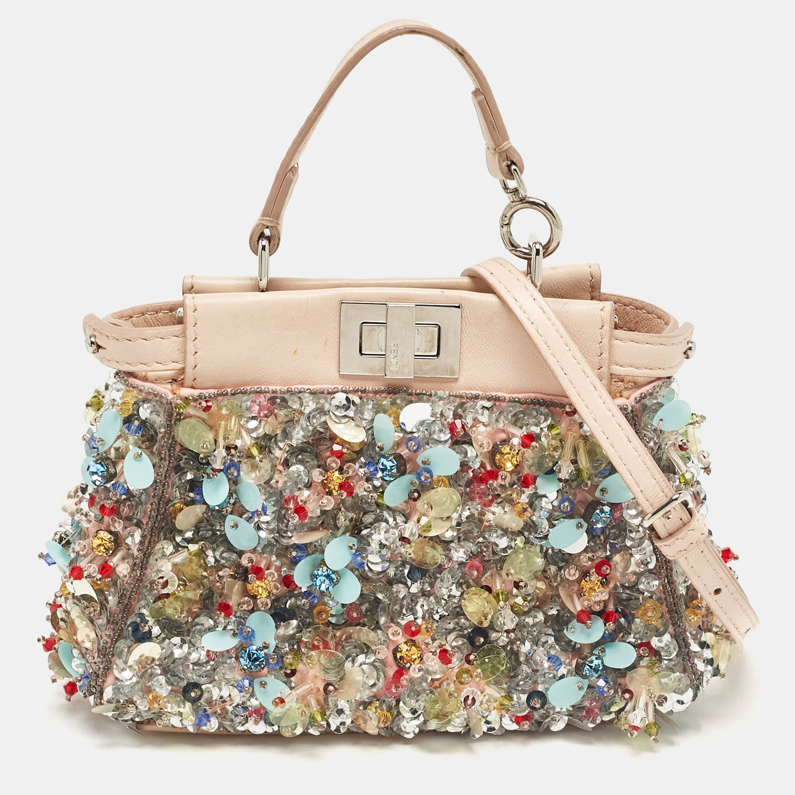 Fendi Beige Leather Micro Peekaboo Embellished Crossbody Bag