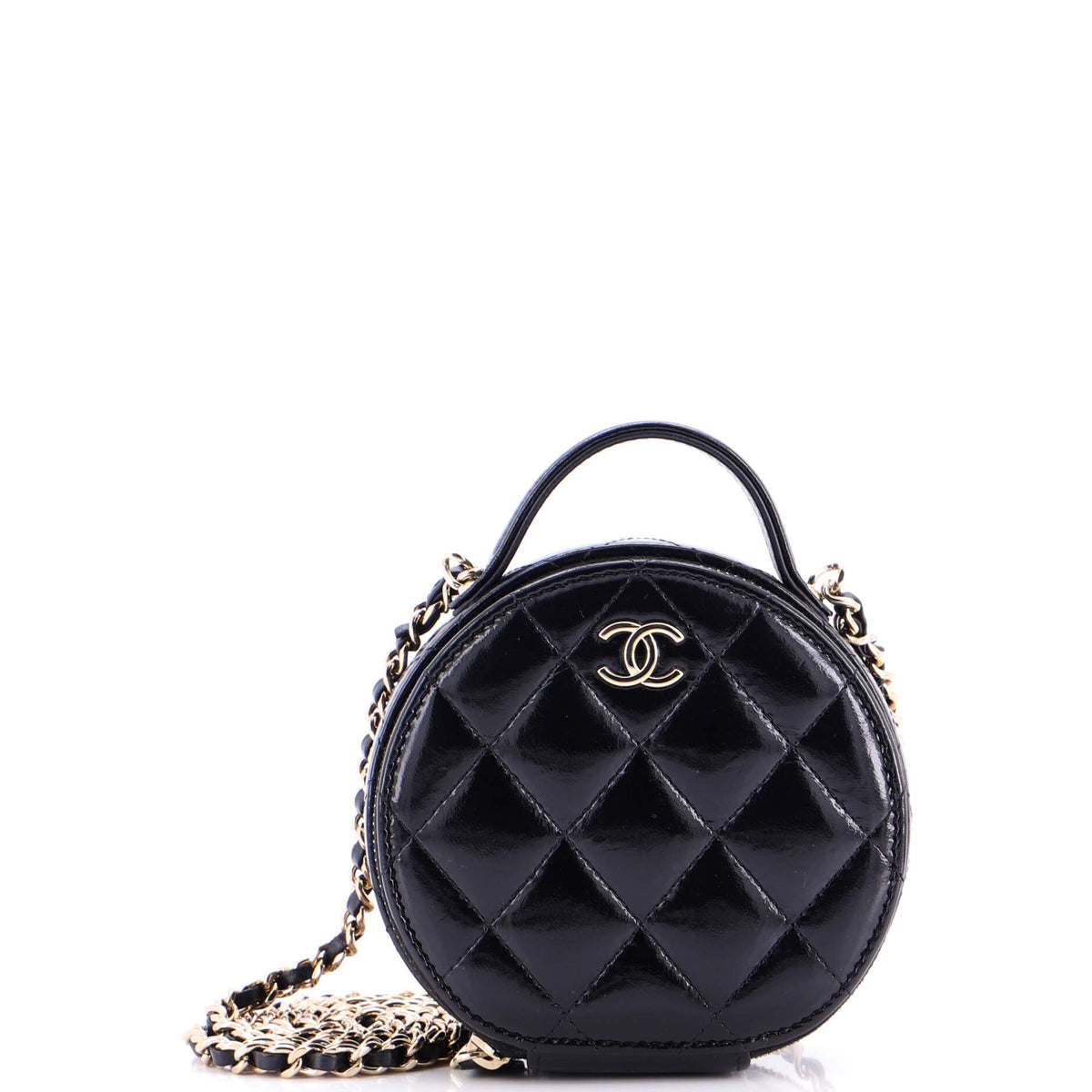 Chanel CHANEL Handle with Care Round Vanity Case with Chain Quilted Lambskin Small