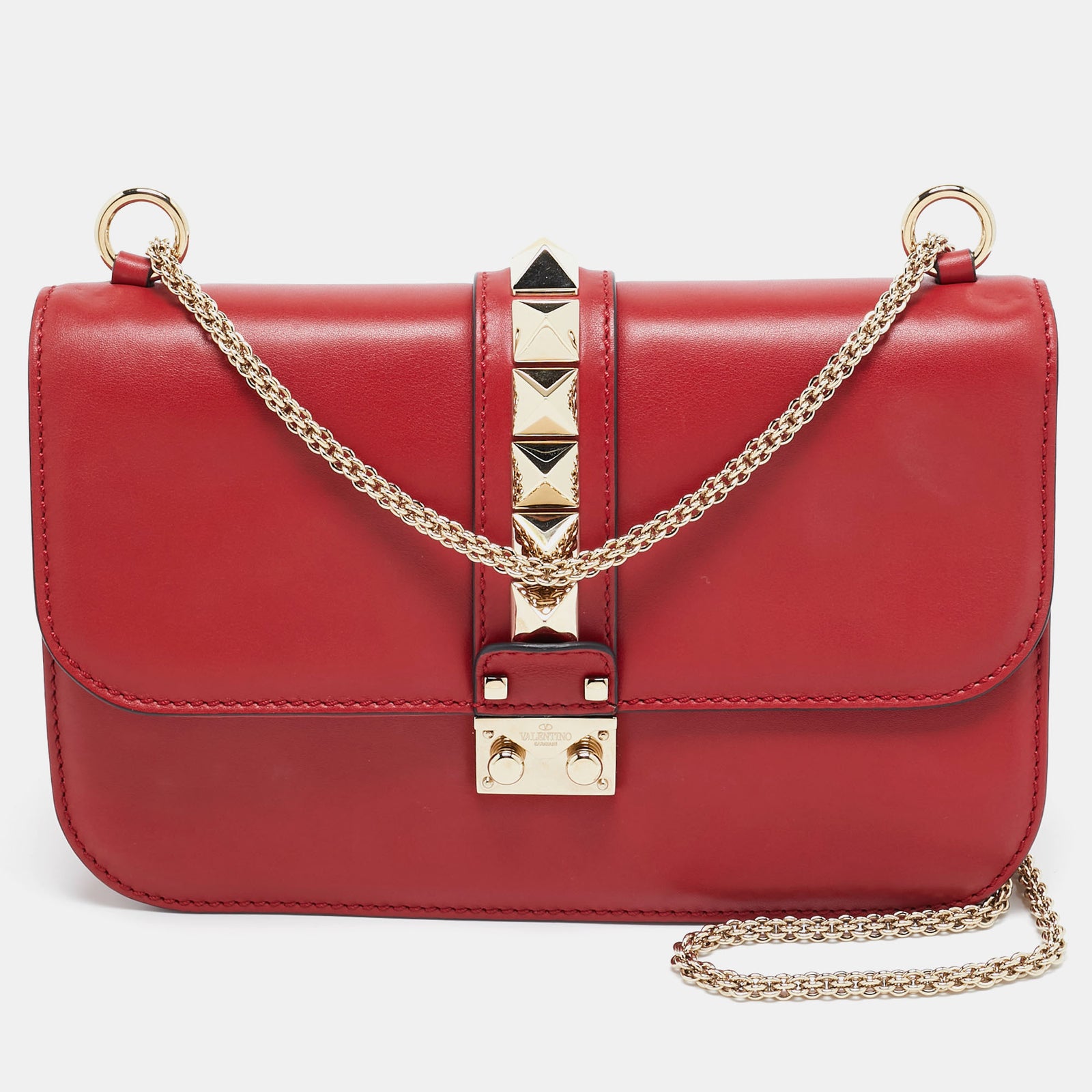 Valentino Red Leather Medium Rockstud Glam Lock Flap Bag