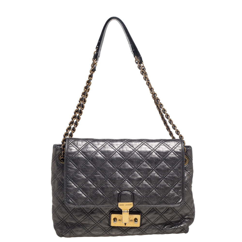 Marc Jacobs Metallic Silver Quilted Leather Large Baroque Single Shoulder Bag