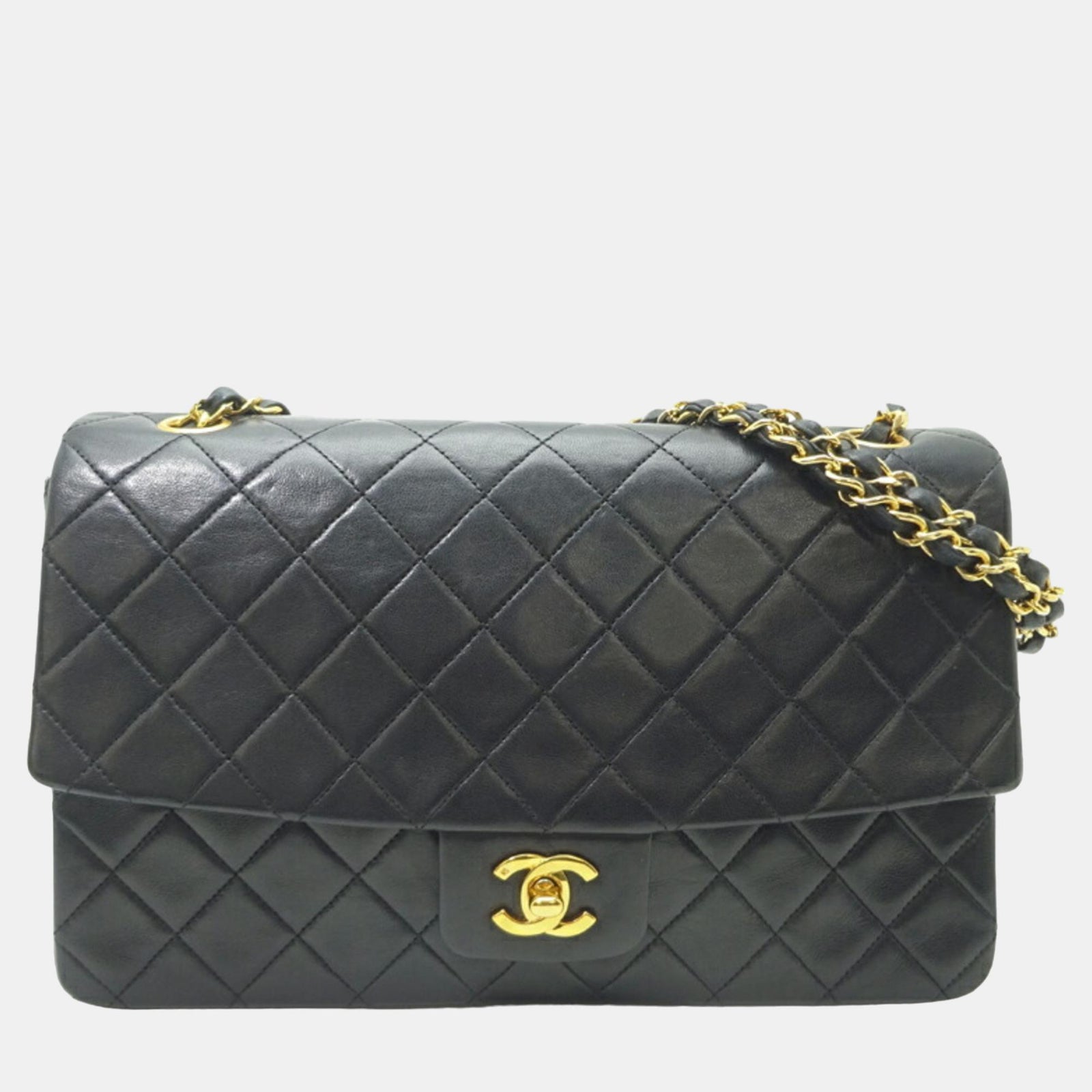 Chanel Sac à bandoulière classique à double rabat de taille moyenne en cuir d'agneau noir