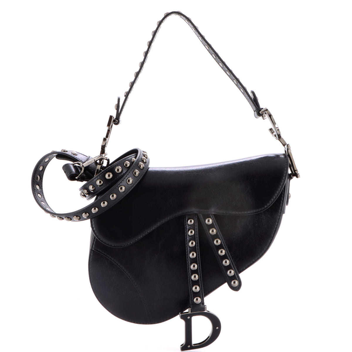 Christian Dior Saddle Handbag with Strap Studded Leather Medium