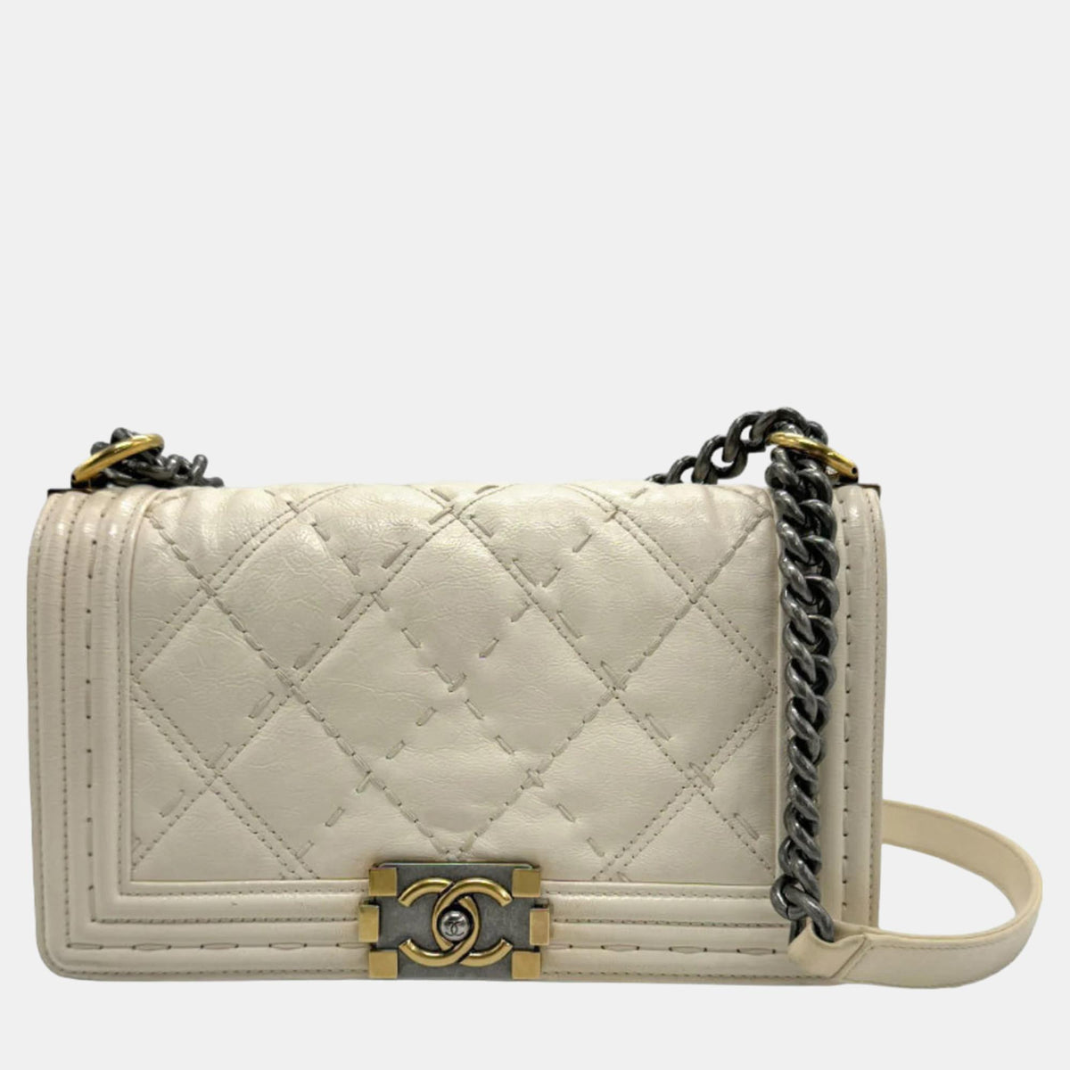 Chanel Off-White Calfskin Quilted Mini Boy Flap White Shoulder Bag