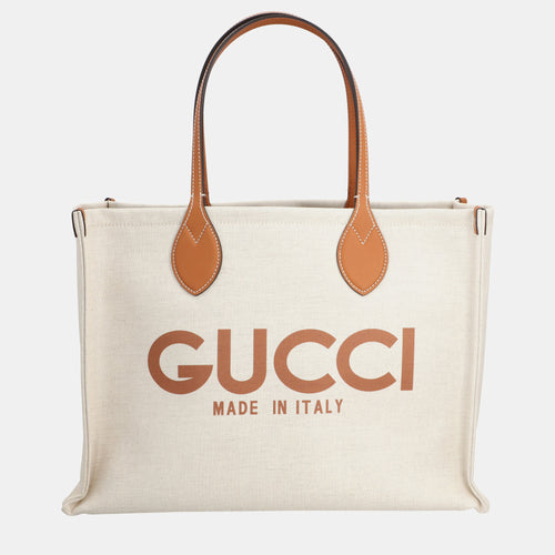 Beige/Brown Canvas and Leather Logo Tote Bag