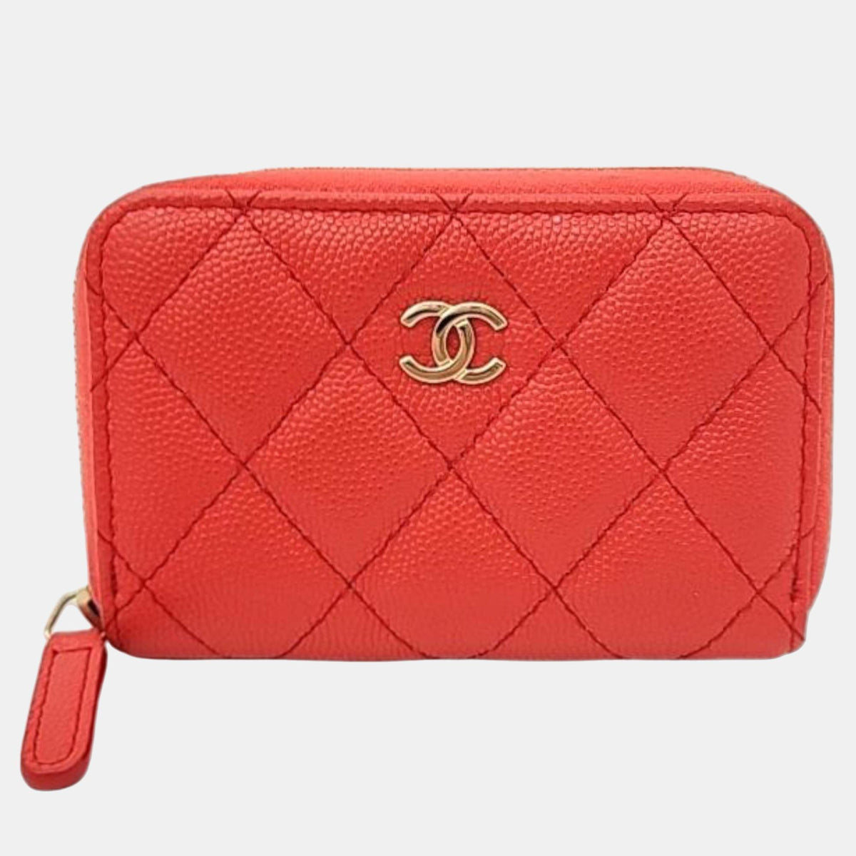 Chanel Orange Caviar Leather Zip Around CC Wallet