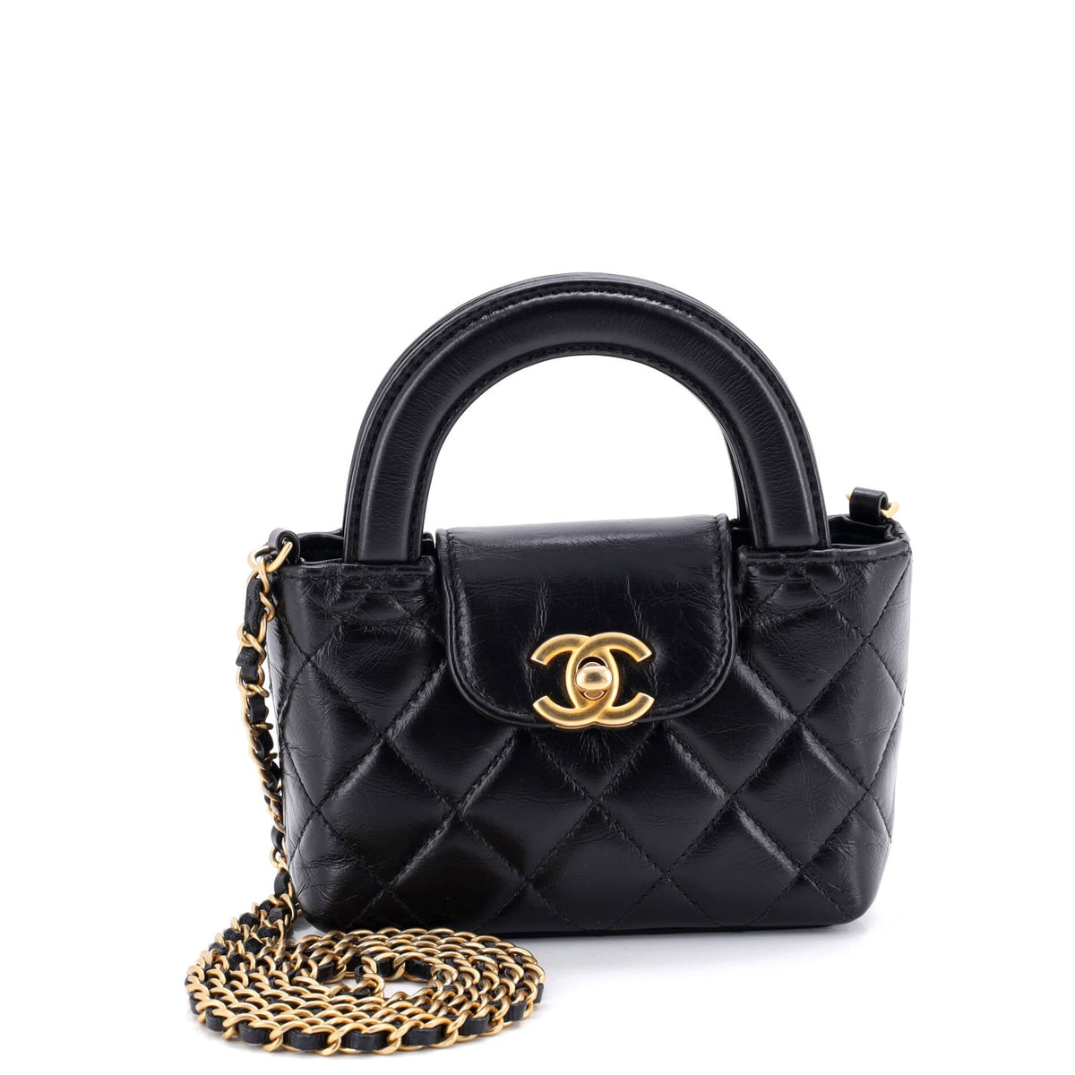Chanel CHANEL Kelly Top Handle Shopping Bag Quilted Shiny Aged Calfskin Nano