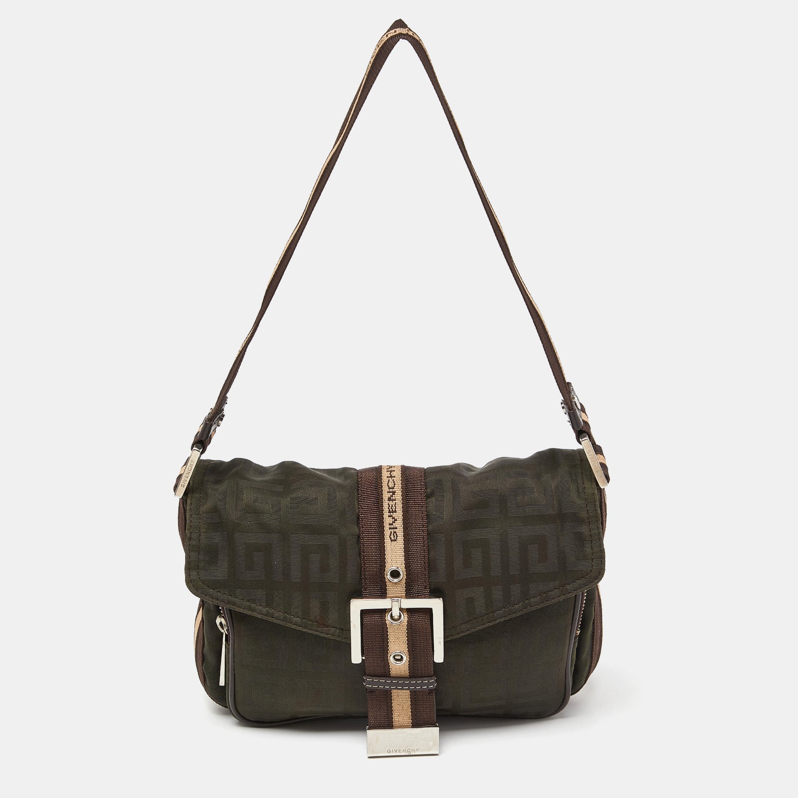 Givenchy Green/Brown Monogram Fabric Buckle Flap Baguette Bag