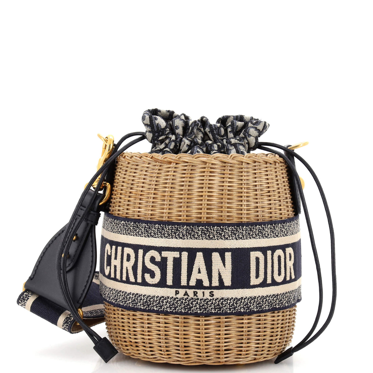 Christian Dior Drawstring Bucket Bag Wicker with Oblique Canvas