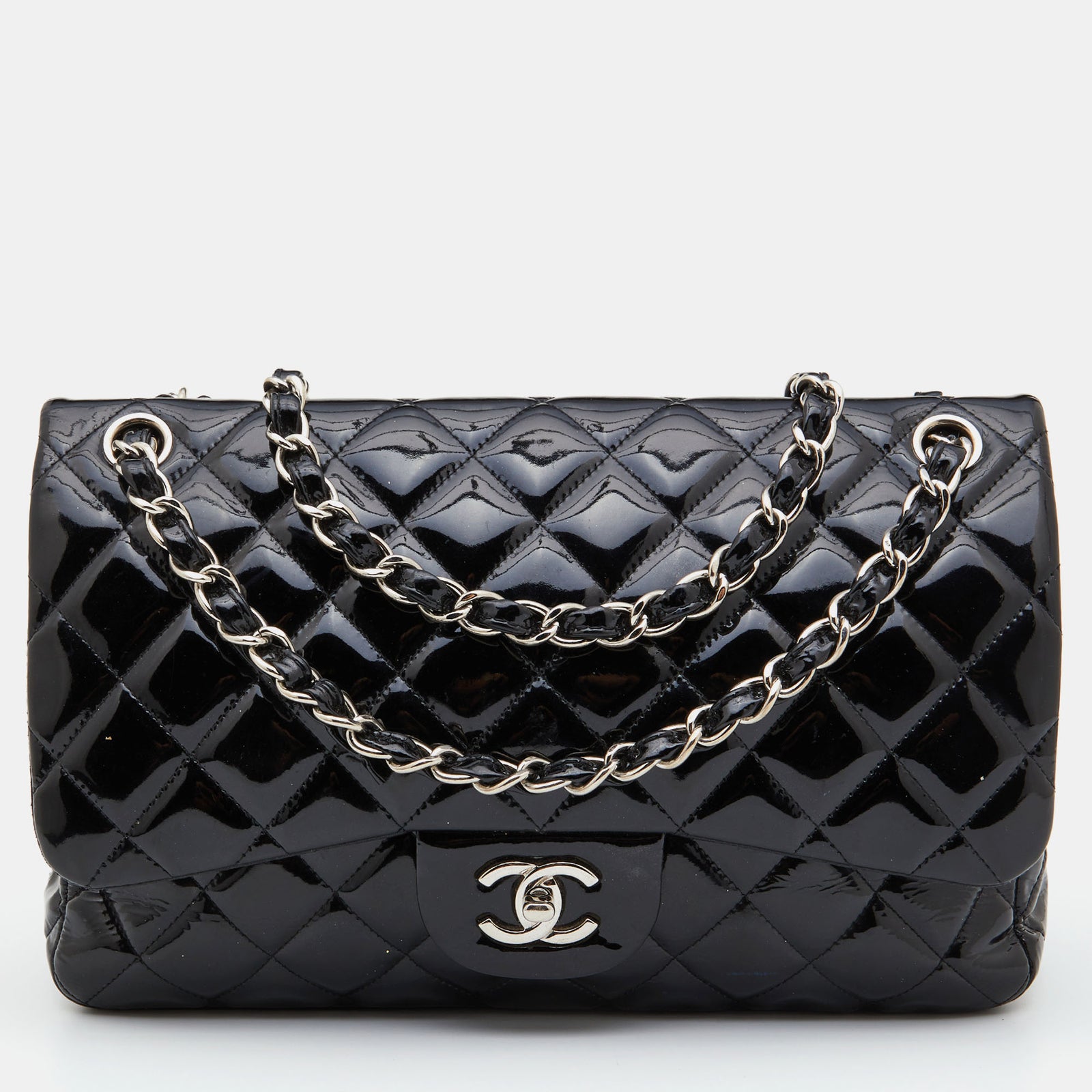 Chanel Black Quilted Patent Leather Jumbo Classic Double Flap Bag