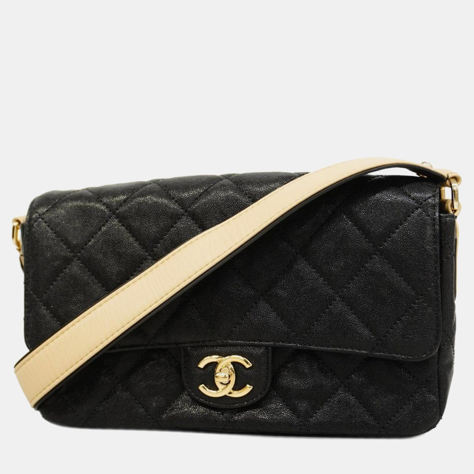 Chanel Sac messager CC matelassé noir à bandoulière à boucle moyenne