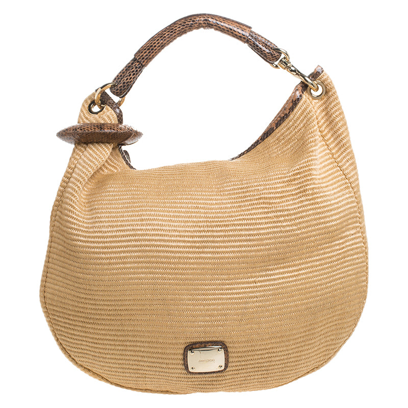 Jimmy Choo Tan Straw and Snake Skin Trim Handle Sky Hobo