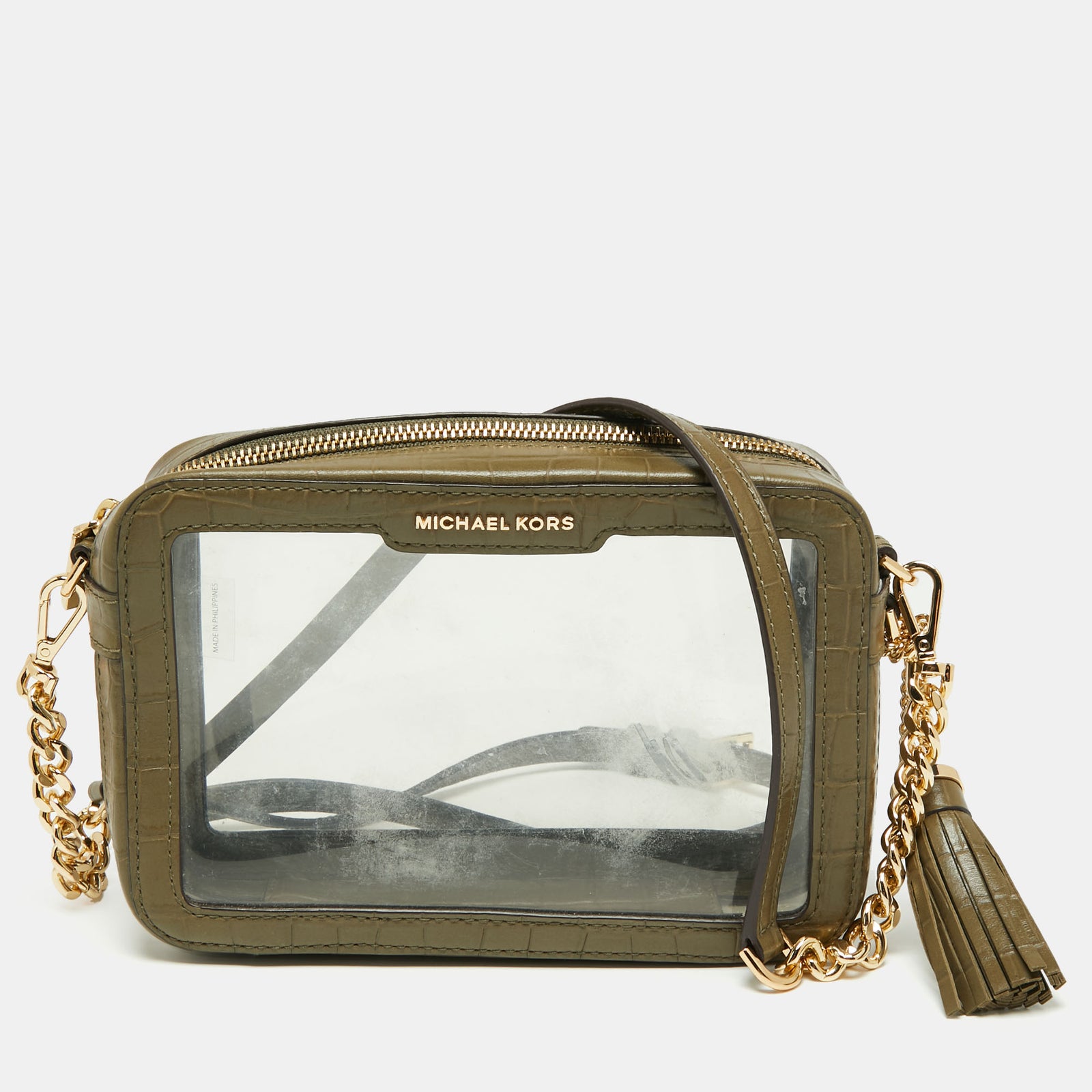 Michael Kors Green  PVC and Croc Embossed Ginny Crossbody Bag