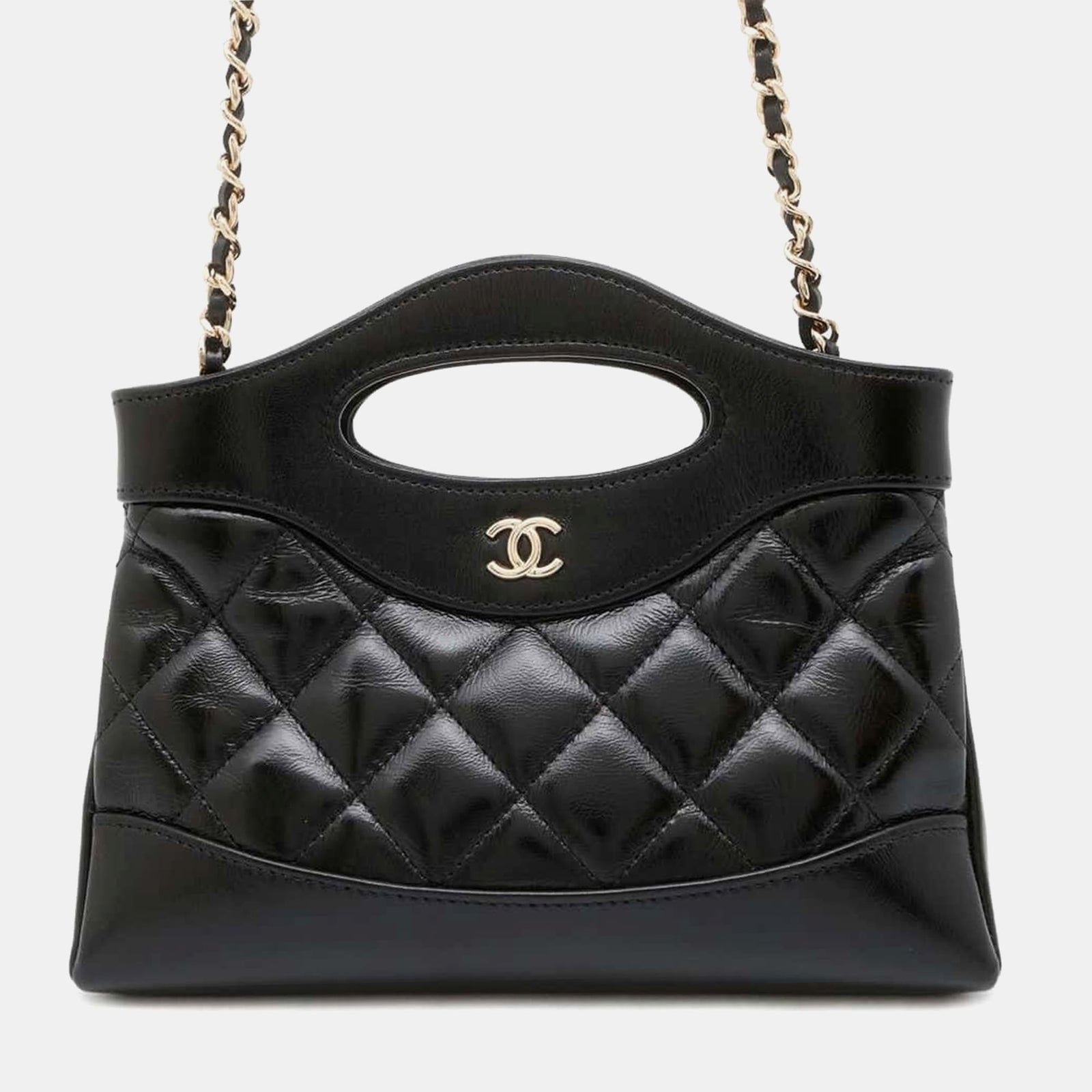 Chanel Chanel31 Schultertasche mit Kette aus glänzendem Kalbsleder in Schwarz, Größe Mini