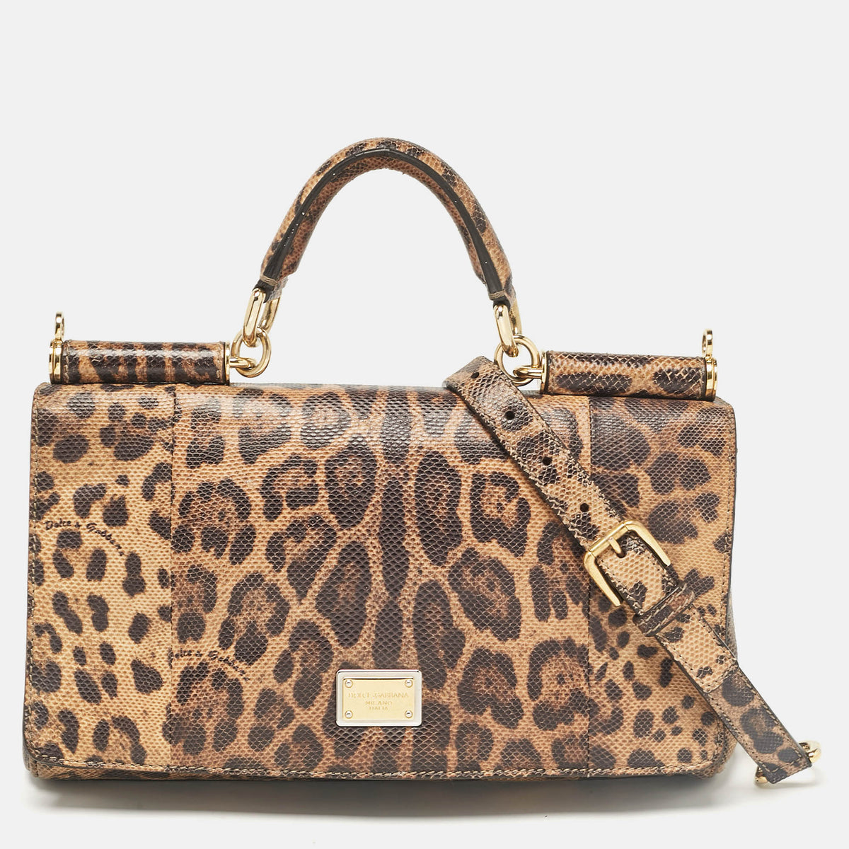 Dolce & Gabbana Brown Leopard Print Lizard Leather Top Handle Bag