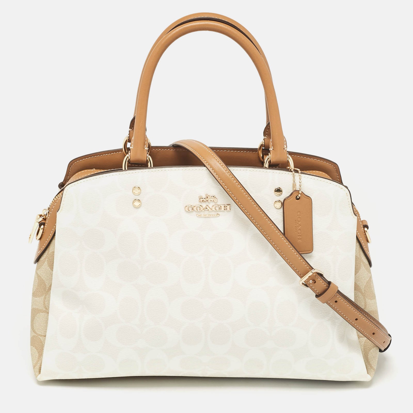 Coach Beige/Off White Signature Coated Canvas and Leather Lillie Carryall Satchel