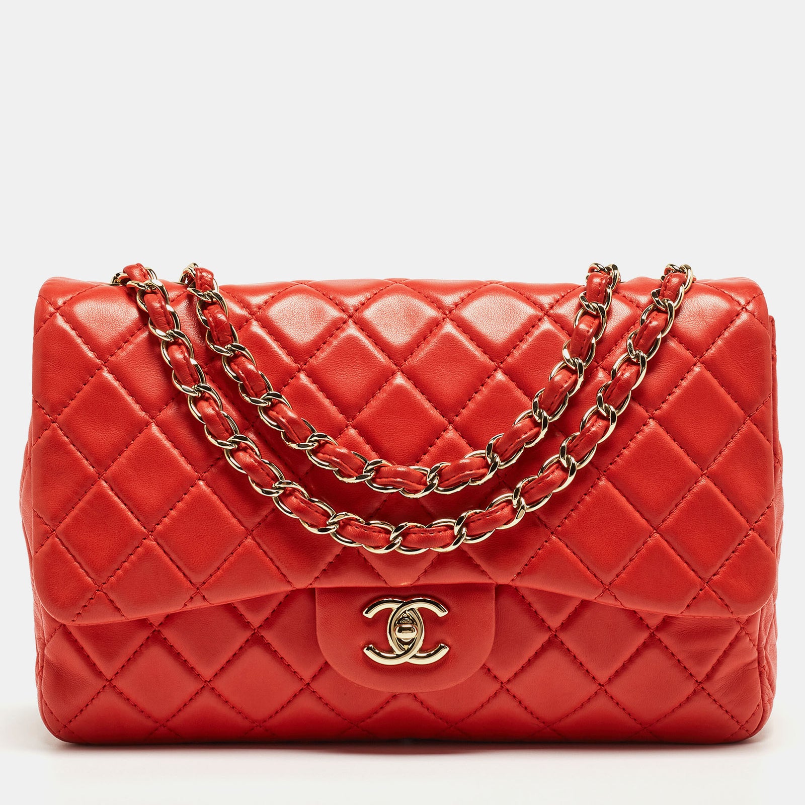 Chanel Red Quilted Lambskin Leather Jumbo Classic Single Flap Bag