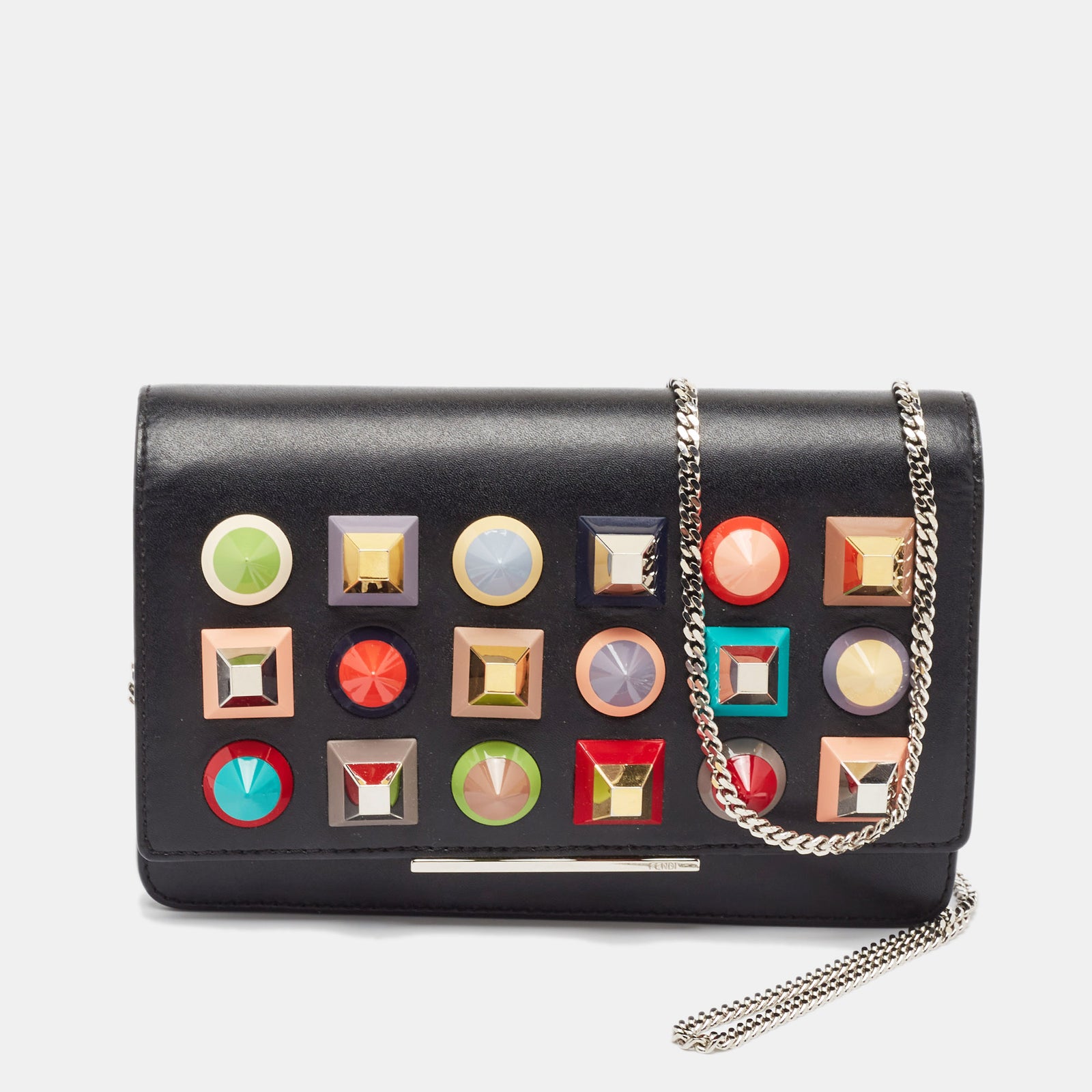 Fendi Black Leather Rainbow Stud Tube Wallet On Chain