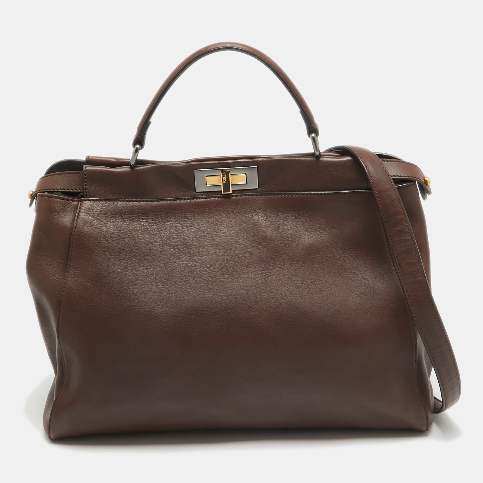 Fendi Brown Leather Large Peekaboo Top Handle Bag