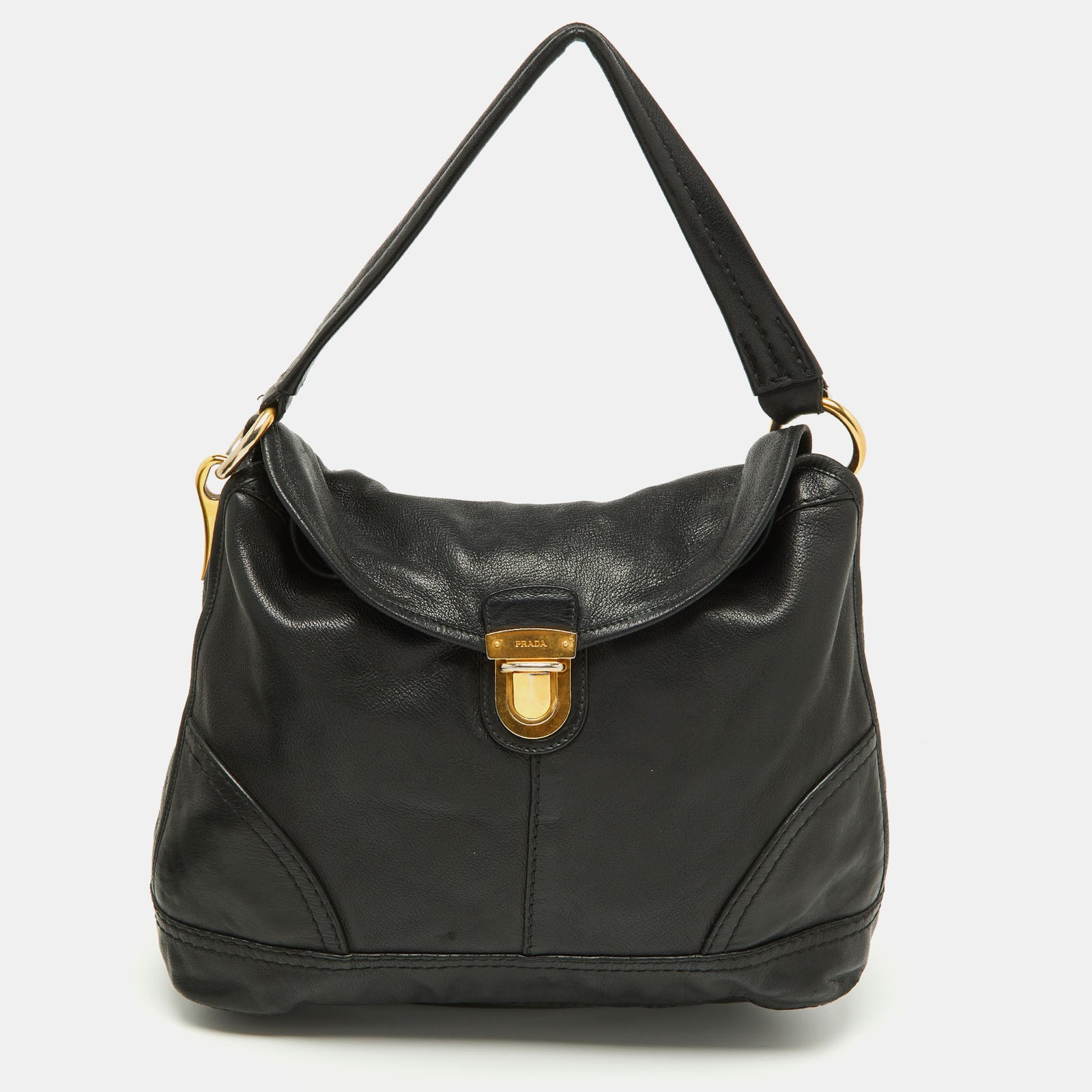 Prada Black Soft Leather Pushlock Flap Hobo