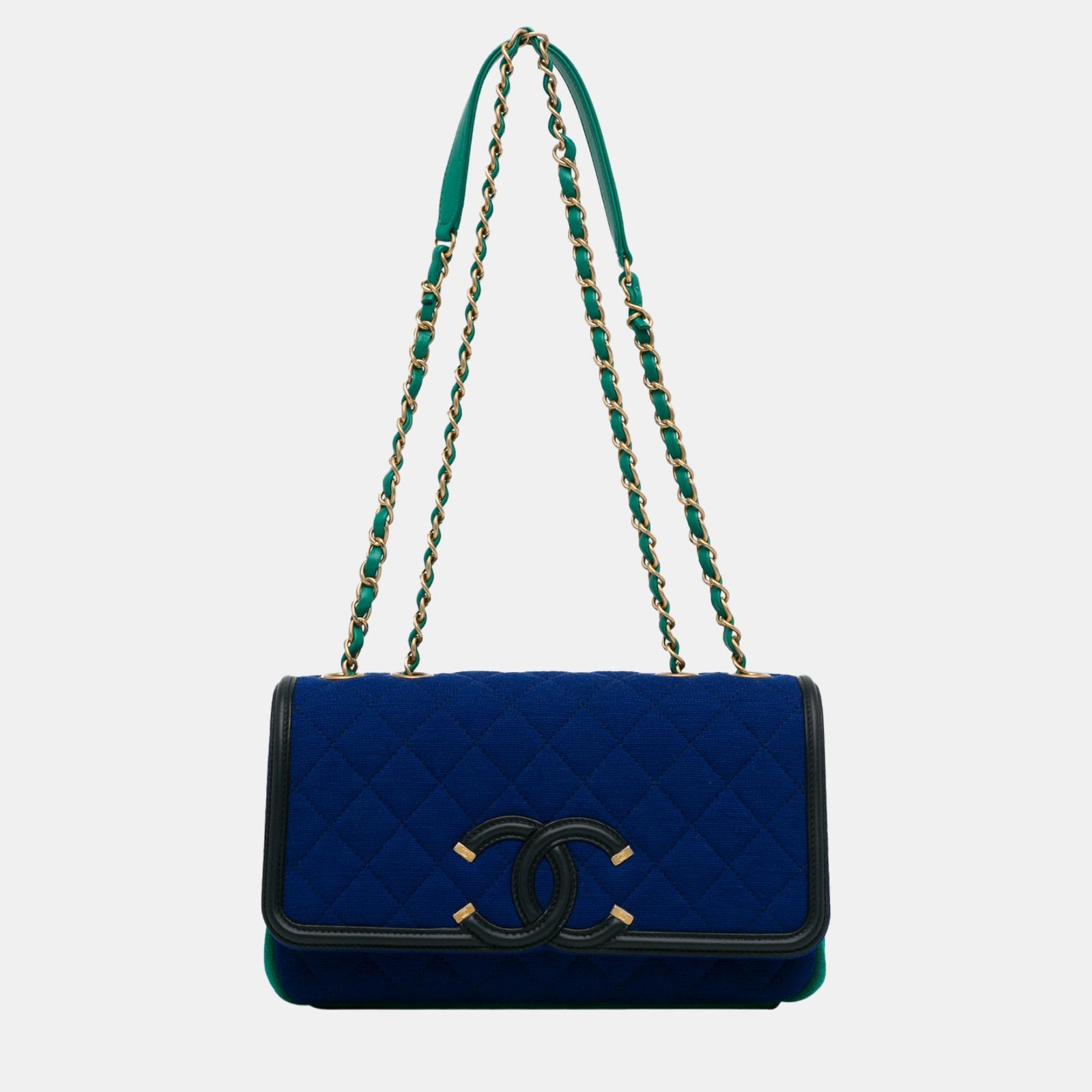 Chanel Kleine filigrane CC-Klappe aus Jersey in Blau